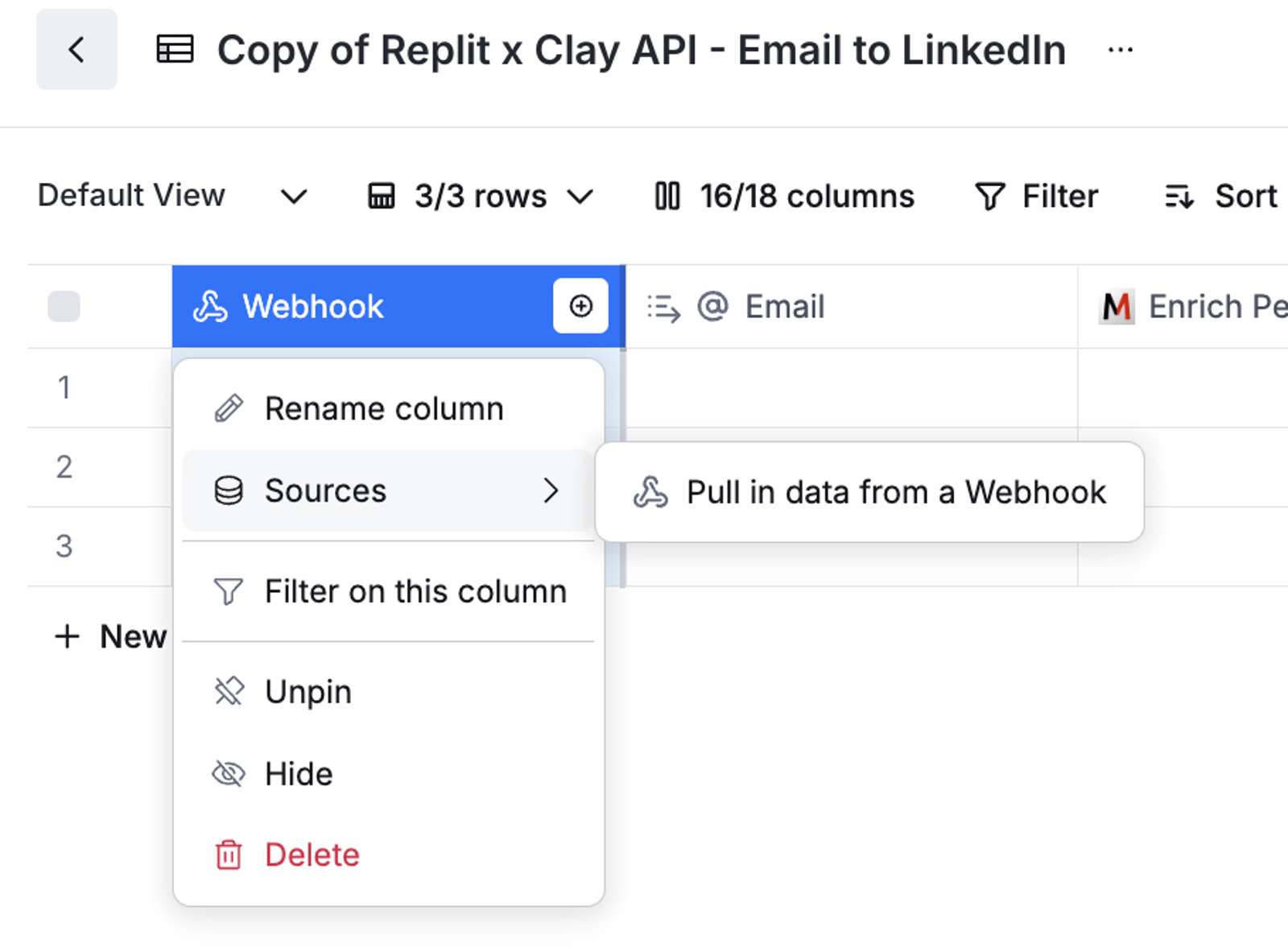 Clay.com table with Pull in data from Webhook source