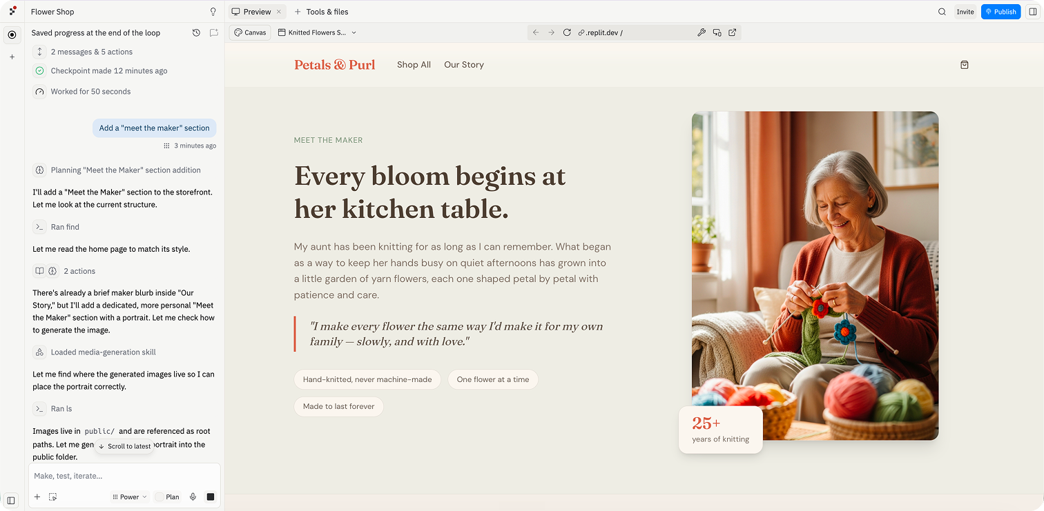 Step 3 — Agent builds and refines the storefront from chat against your connected Shopify store. Source: Replit