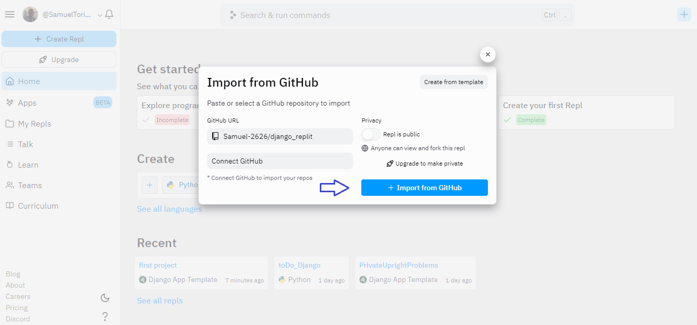 Replit create a new app with GitHub 1