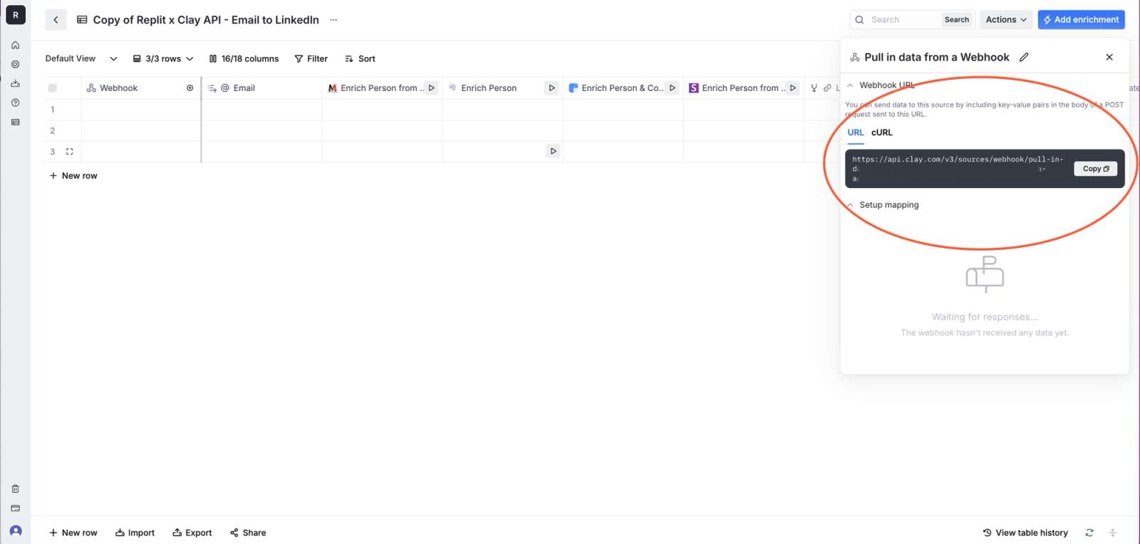 Clay.com table with a webhook URL with a red circle around it