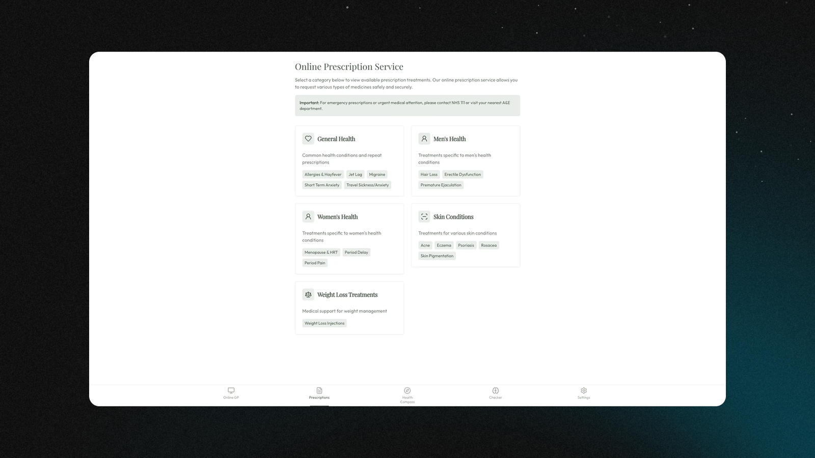 Prescription request platform screen showing patient medication ordering and fulfillment workflow built on Replit
