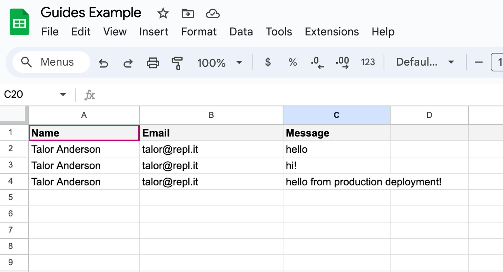 Google Sheet with multiple entires - columns Name, Email, Message