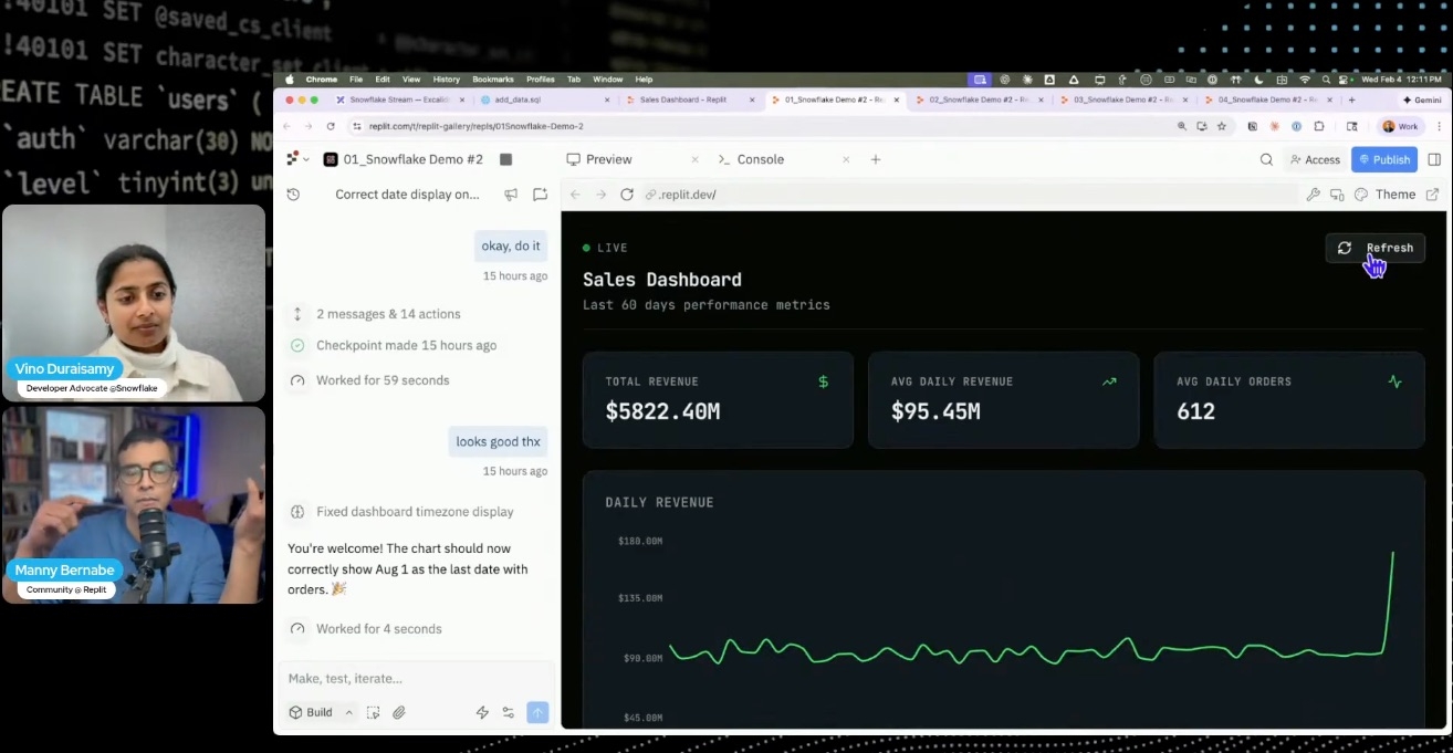 Building a Snowflake dashboard in Replit using conversational language