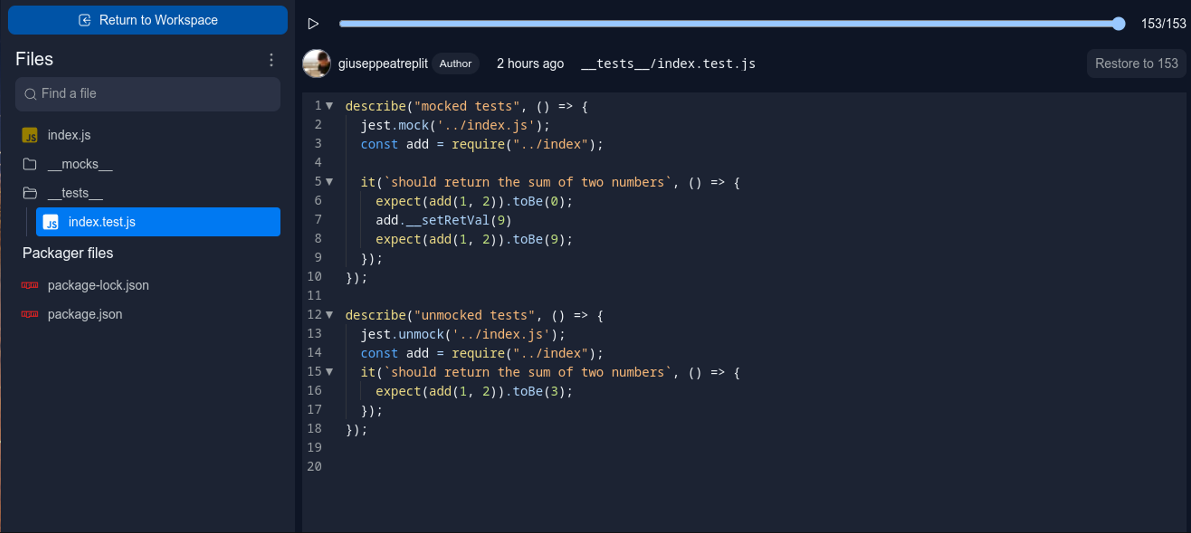 A screenshot of the new history tool, showing a unit test suite written in JavaScript