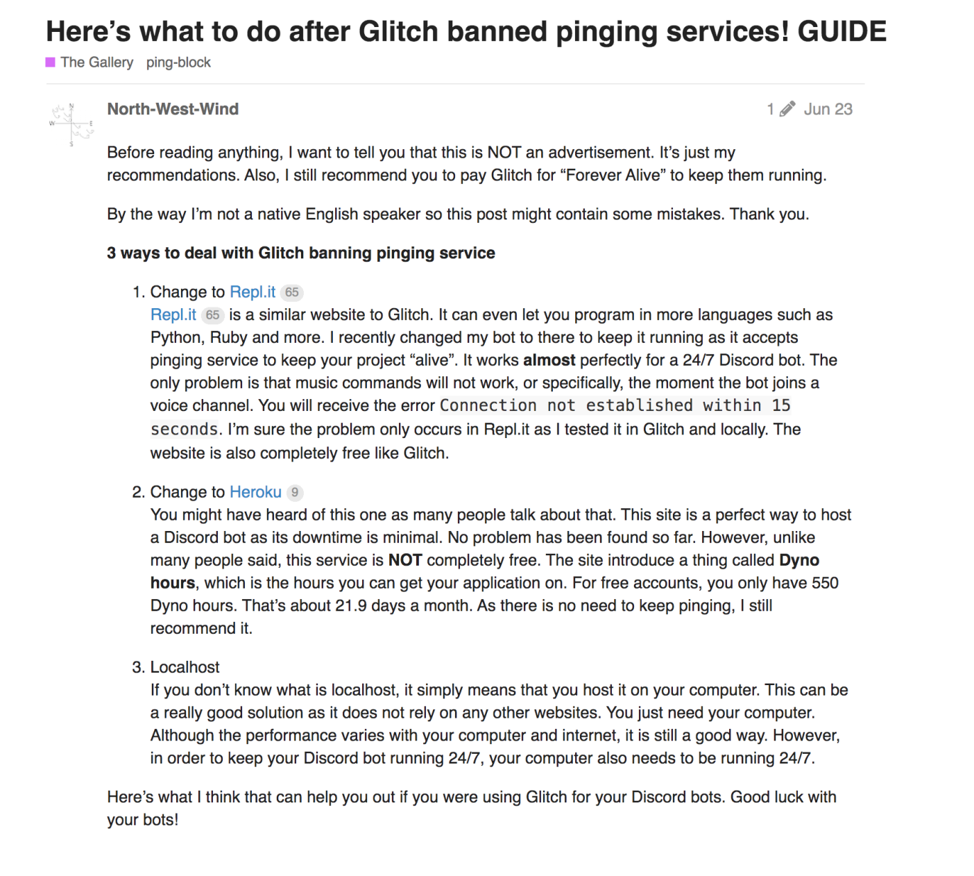 users posting on glitch forum about replit