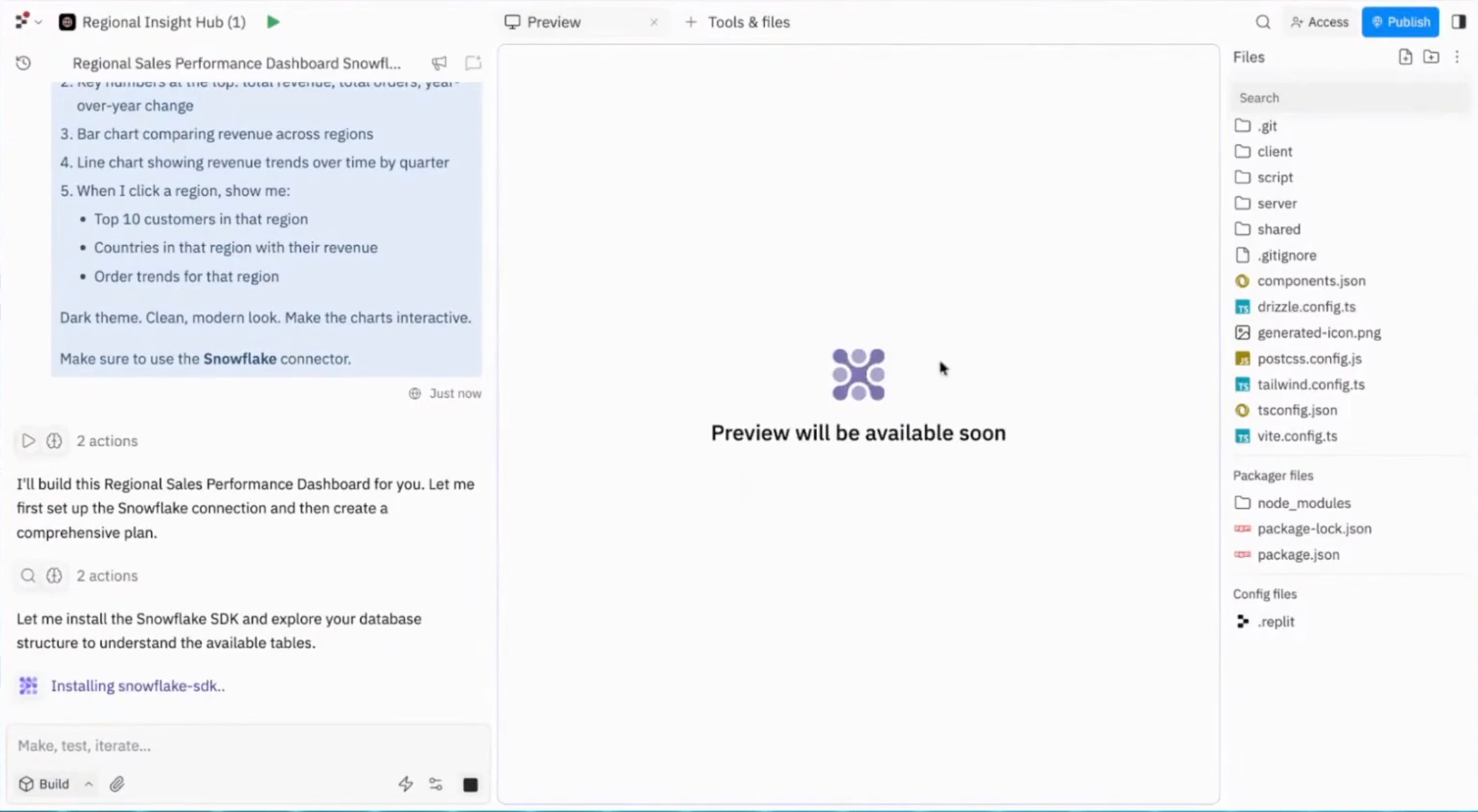Replit's Build mode with database files on right.