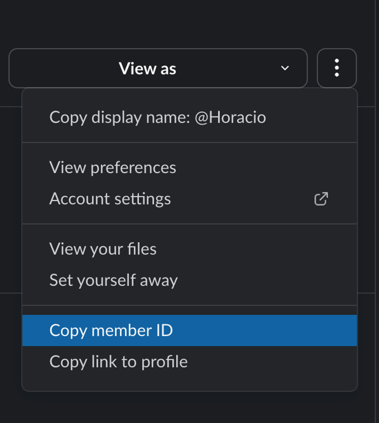 Slack user settings modal with Copy member ID highlighted