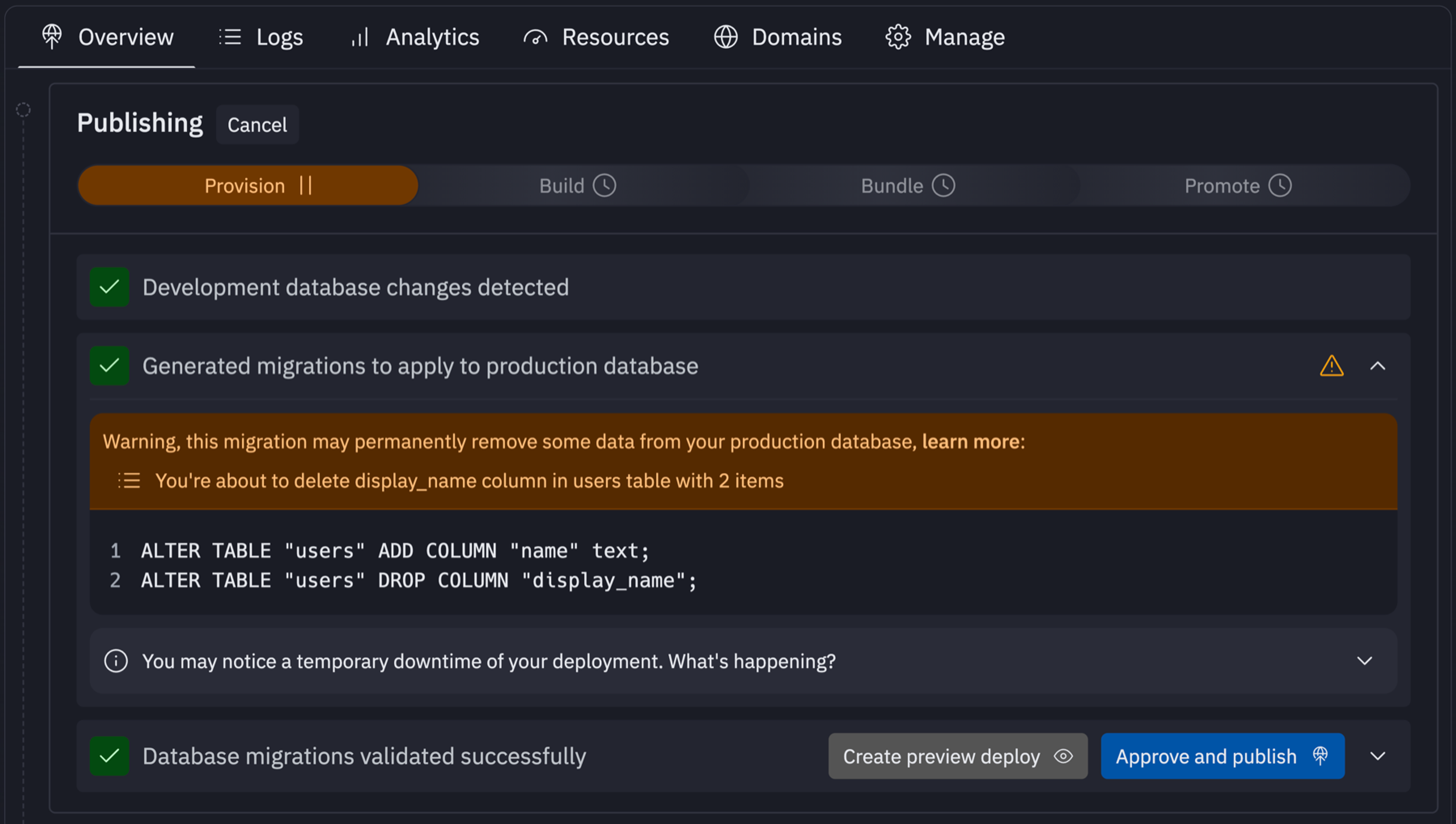 The migration conflict warning fully implemented