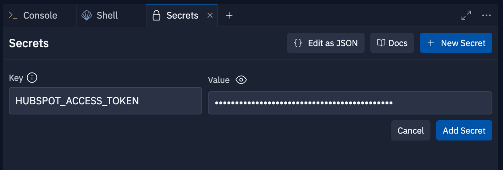 Replit Secrets UI adding a HUBSPOT_ACCESS_TOKEN