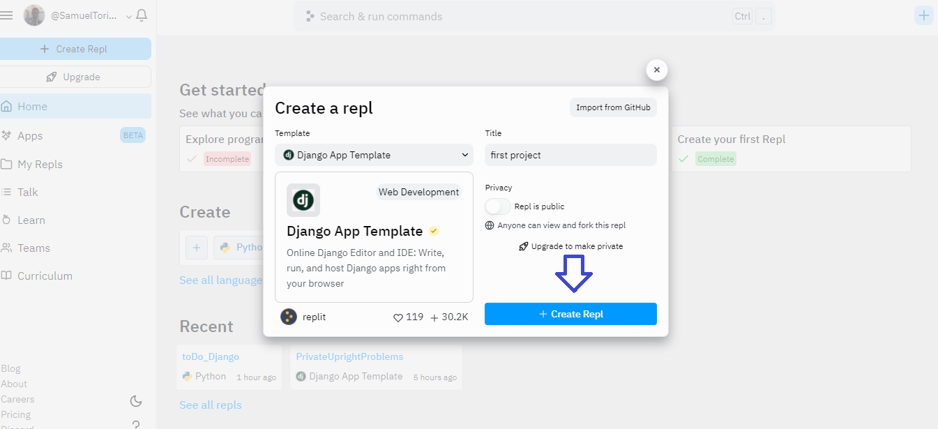 Replit create new application