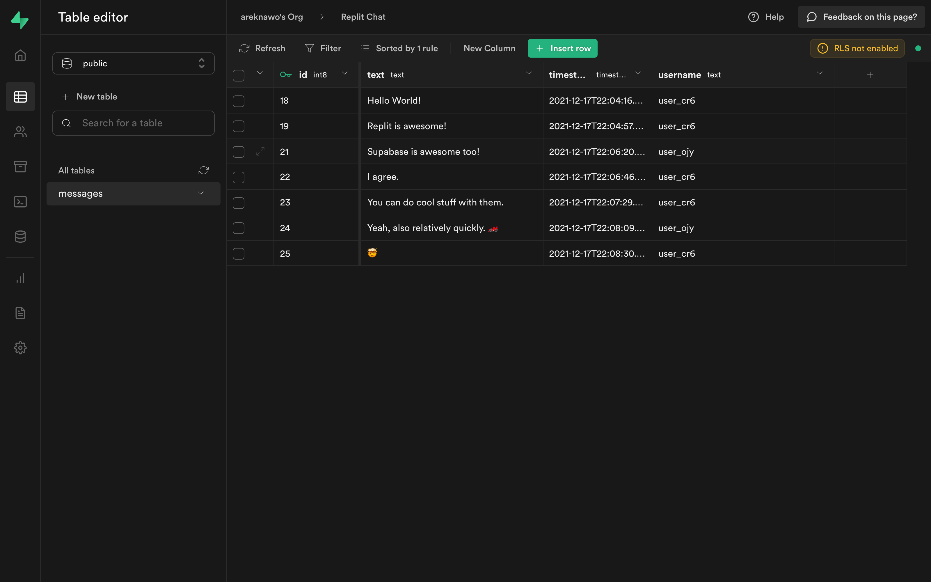 Supabase Table Editor