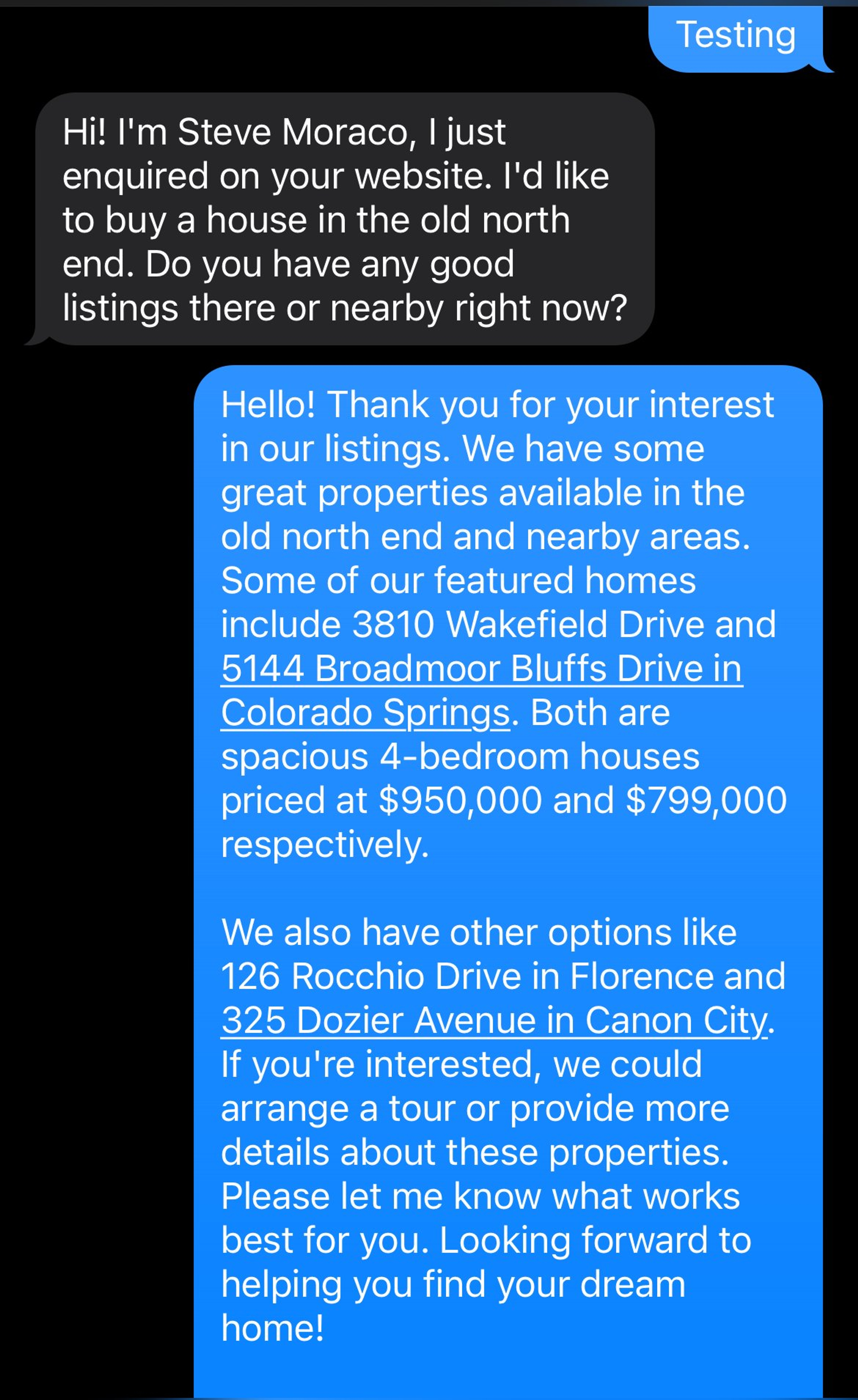 Using DATA's texting feature to reply with content from a real estate website