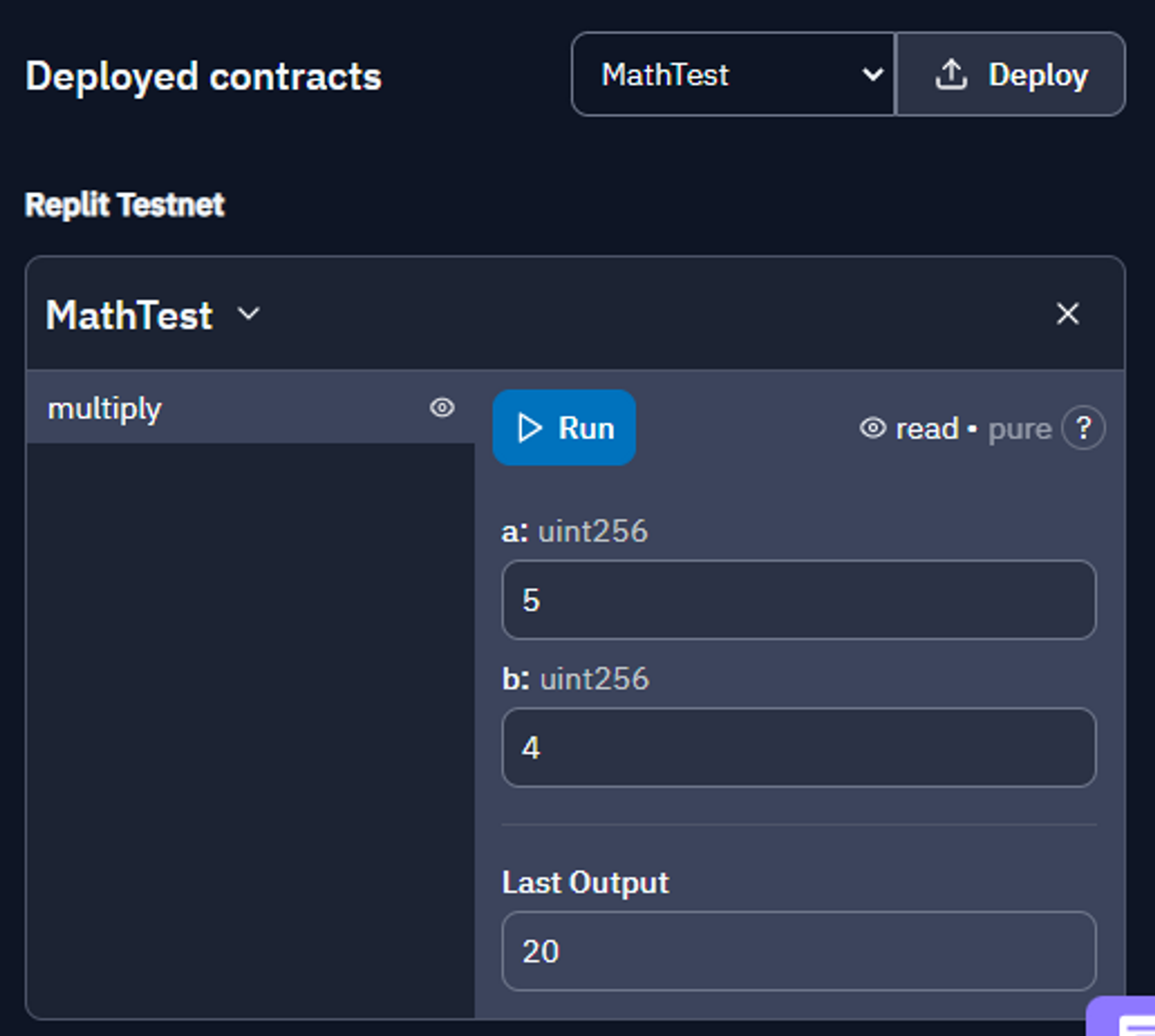 Deployed MathTest contract