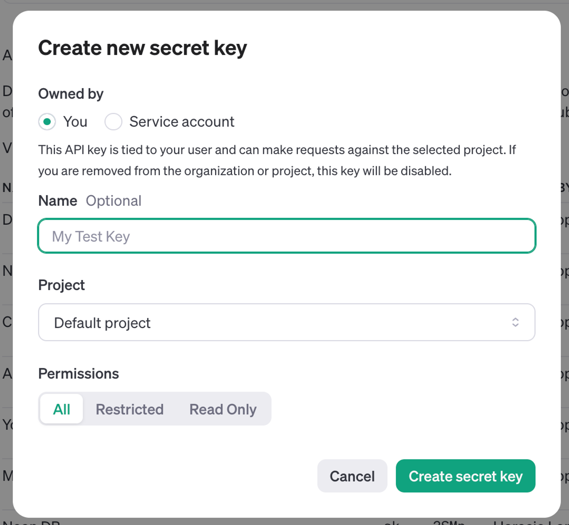 OpenAI "Create new secret key" modal UI