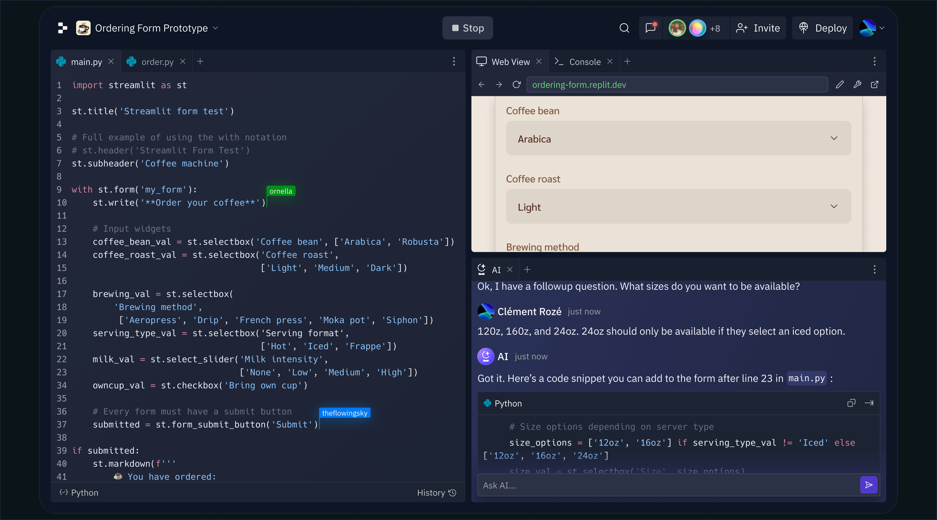The Replit workspace shows a programming editor on the left with two users collaborating in real time, a preview of the application on the top right, and AI helping with development on the bottom right.