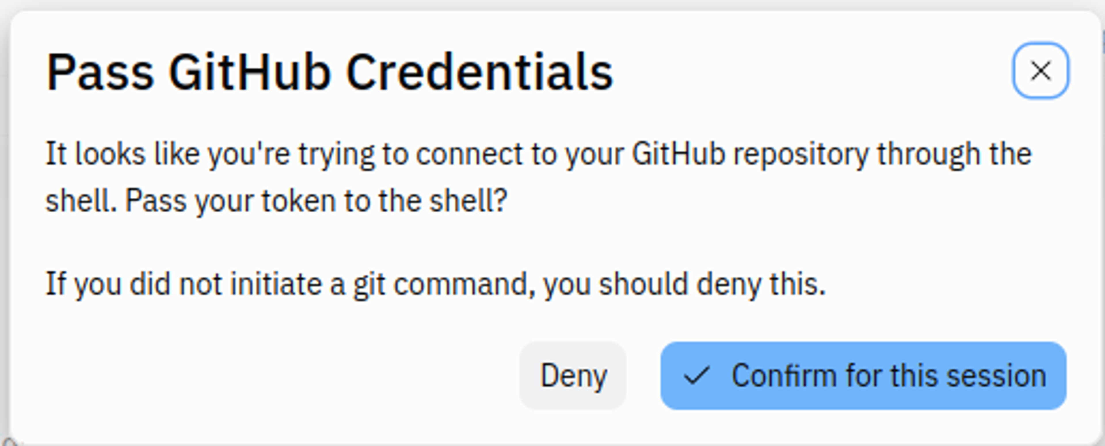 dialog asking to pass GitHub credentials to the shell