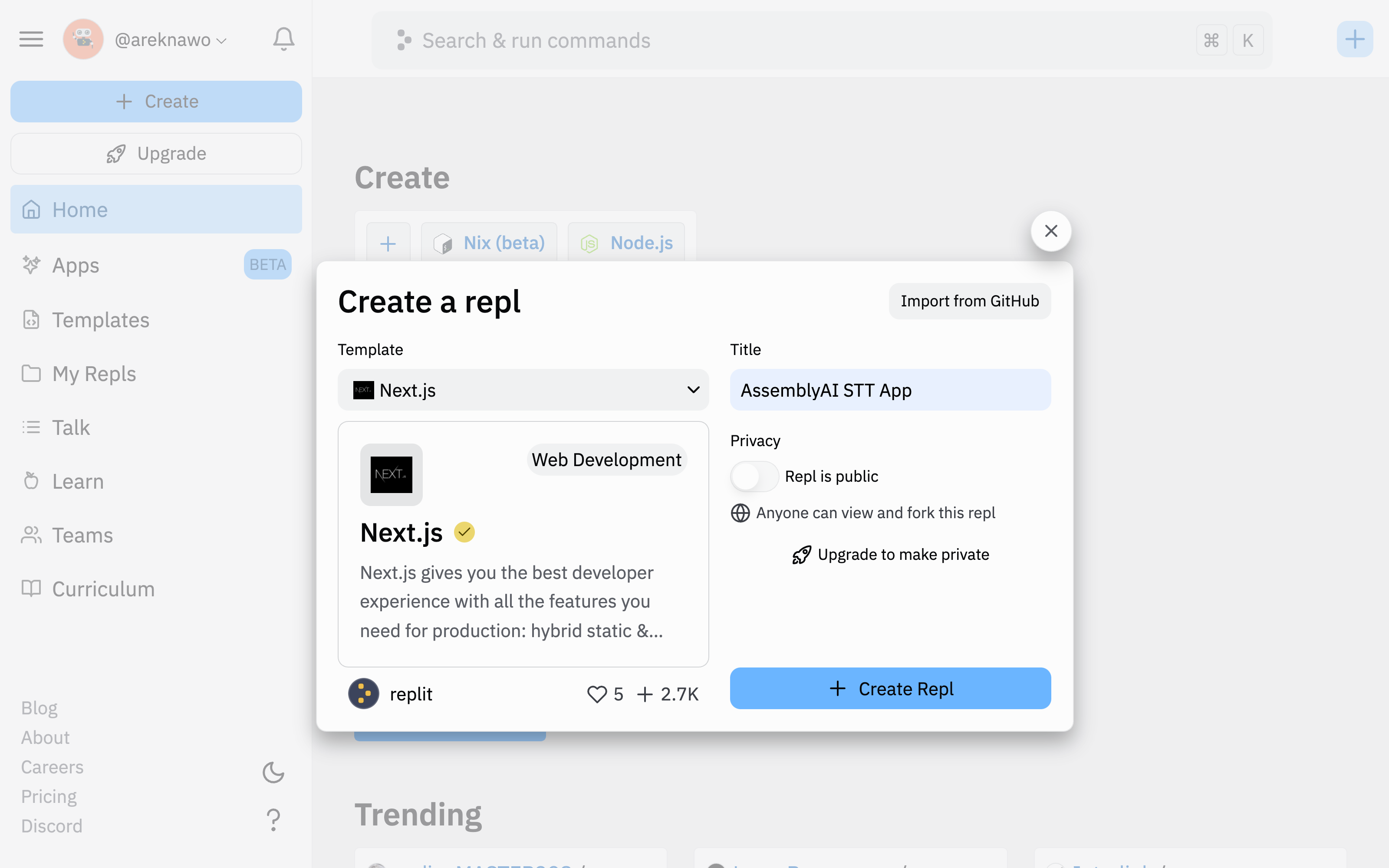 Creating Next.js repl