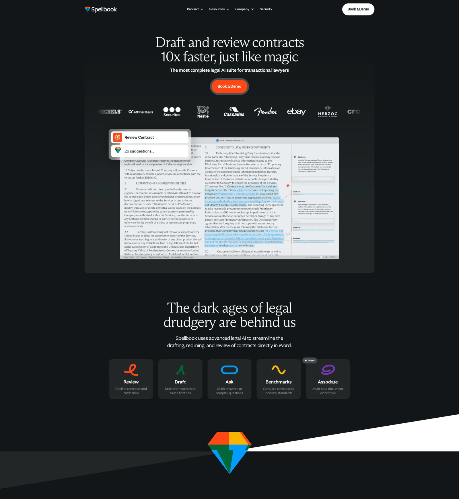 Spellbook AI legal assistant website showing contract review and AI-powered drafting features for lawyers, built on Replit