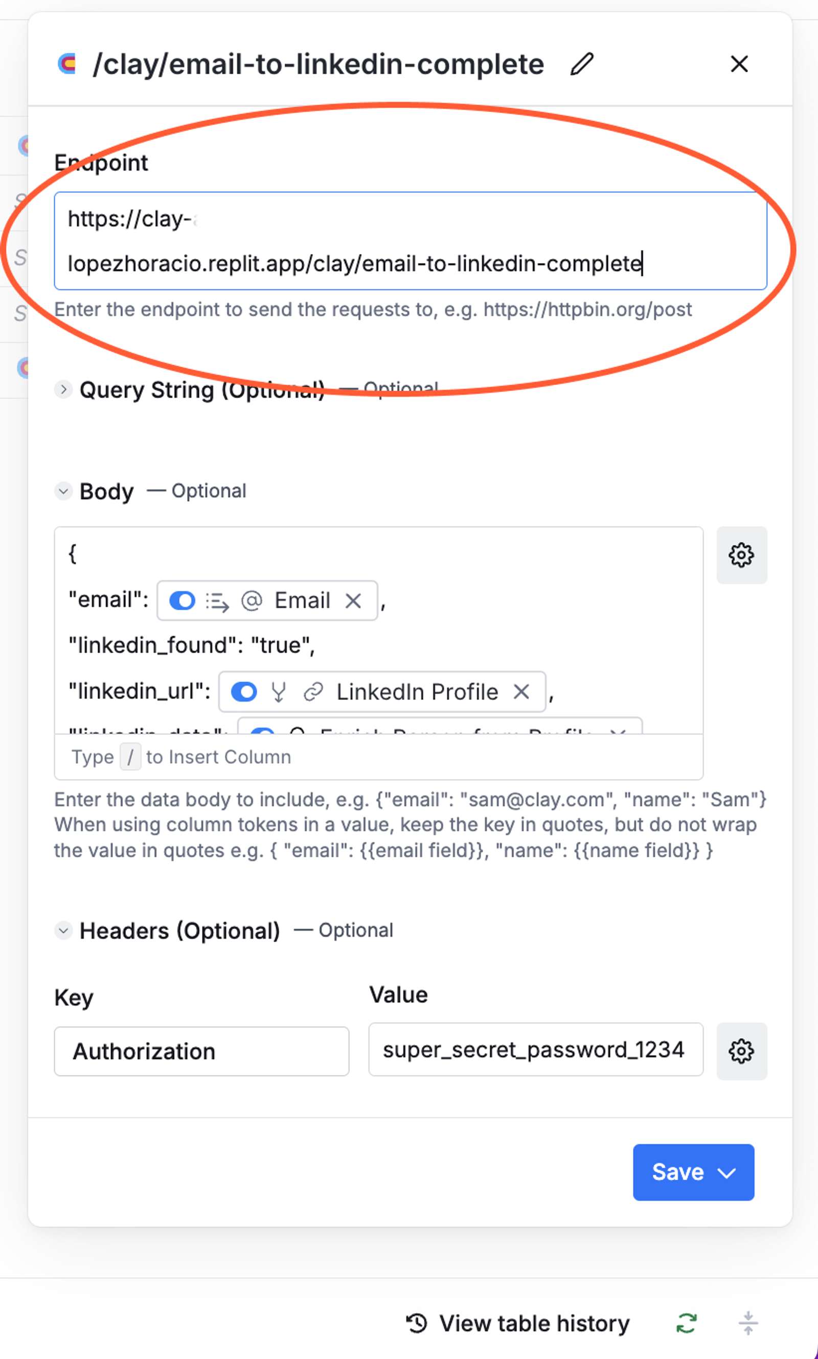 Clay.com HTTP column with red circle around endpoint url