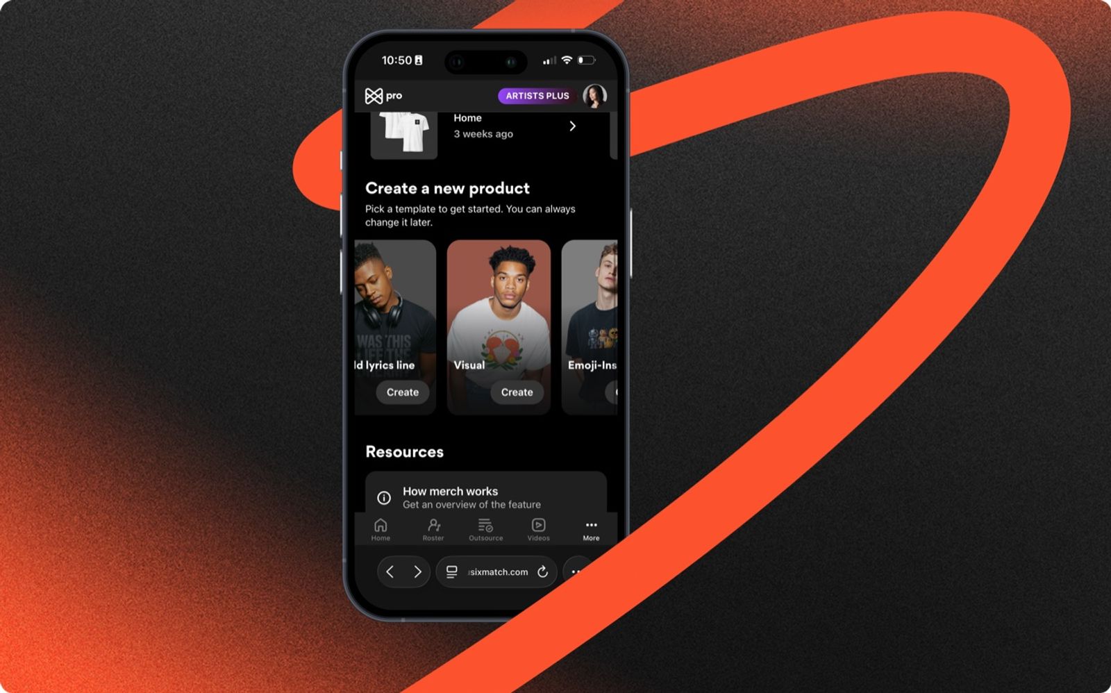 Musixmatch artist merch platform on mobile showing song selection and lyric-inspired T-shirt design interface built on Replit