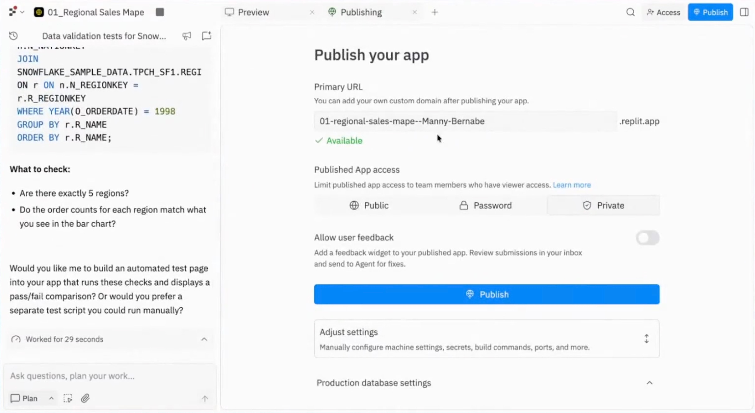 Publishing screen in Replit