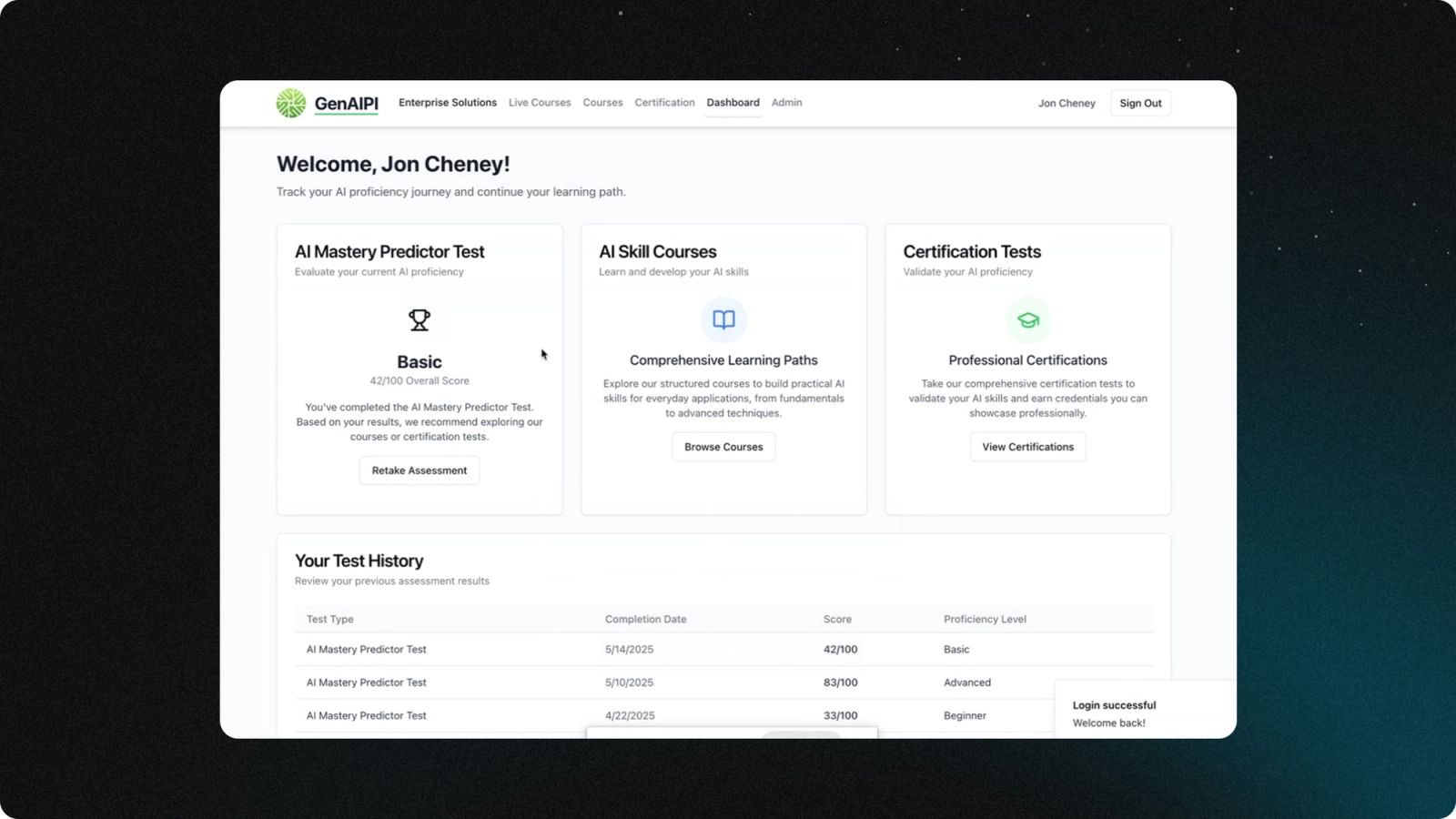 GenAIPI customer login dashboard with user management and integrated database built on Replit