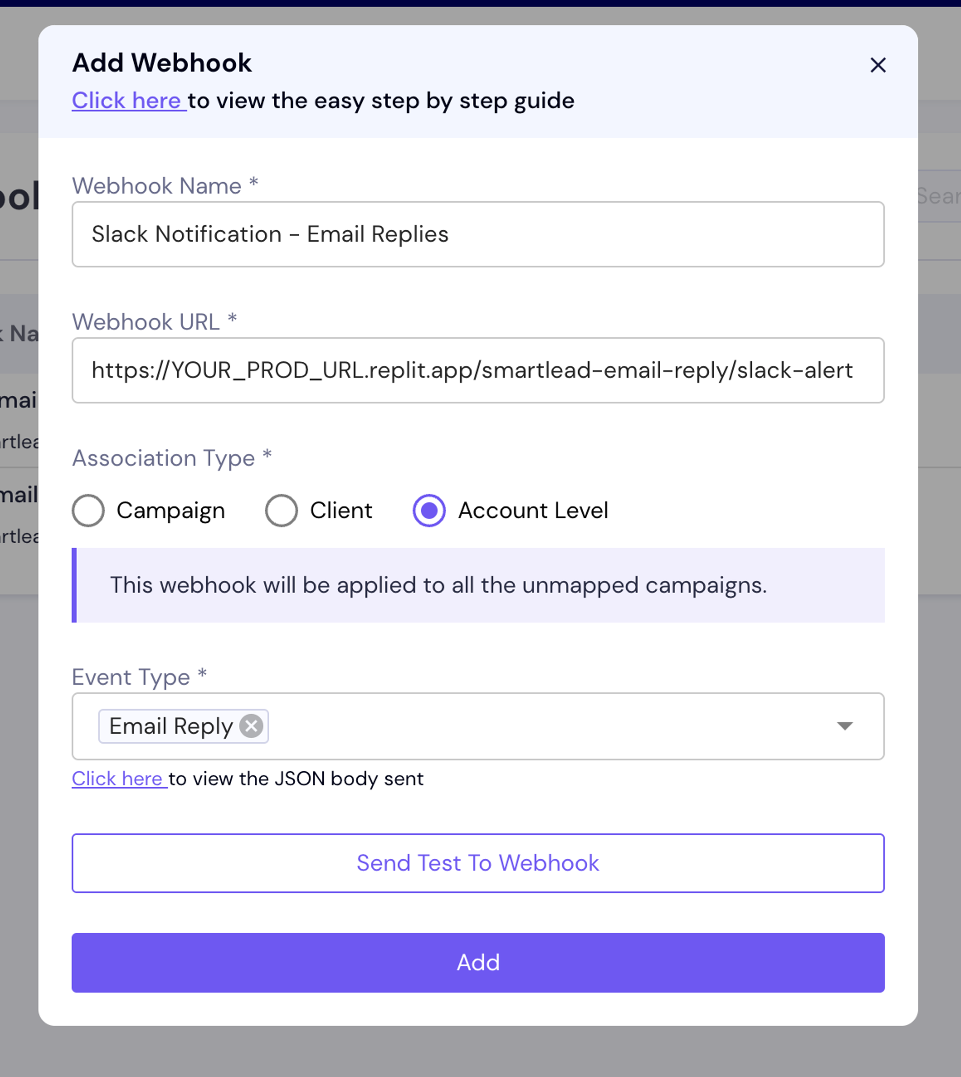 Smartlead Webhook settings modal