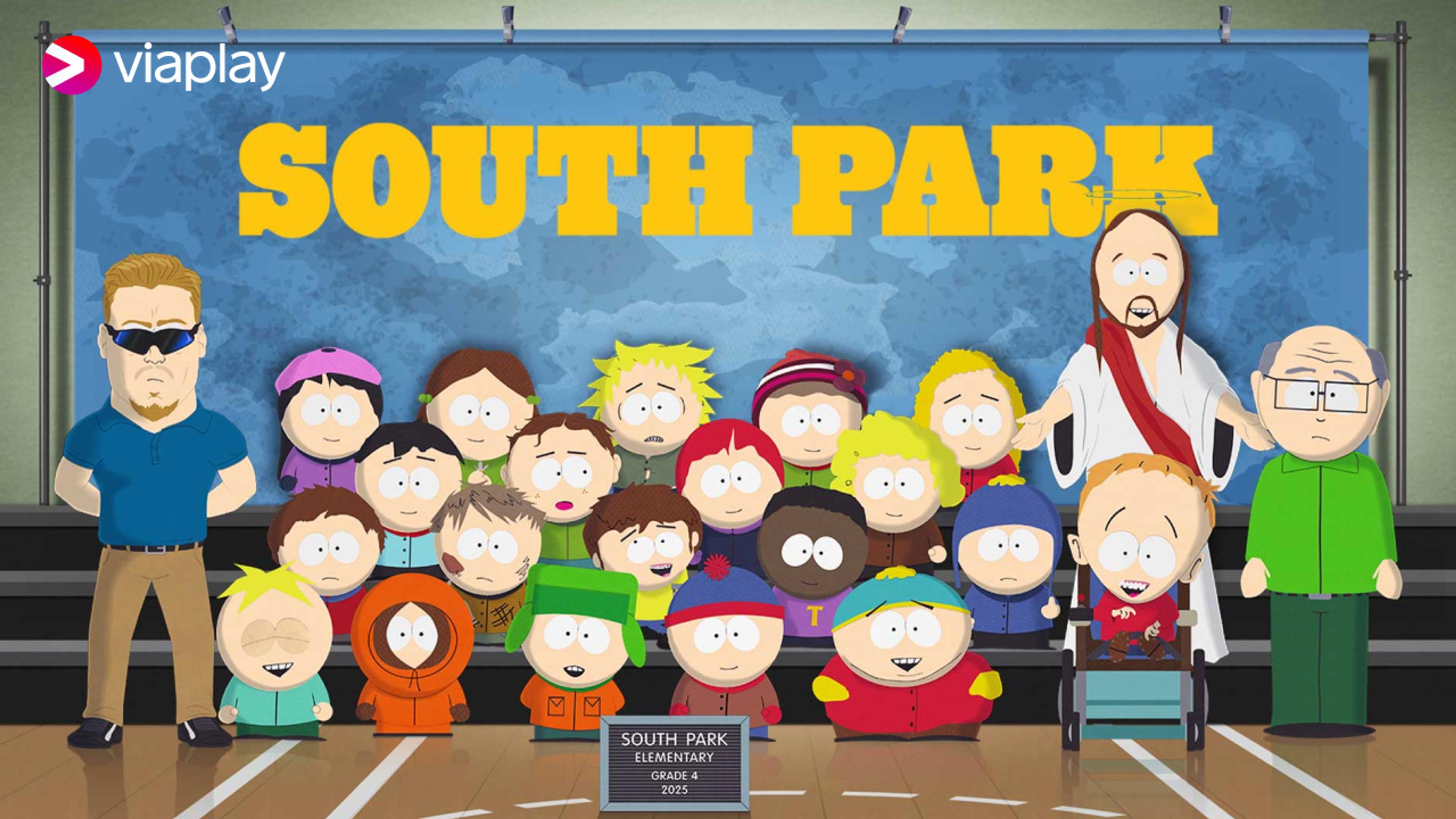 Grafikk for serien South Park som du ser på Viaplay med Strim.