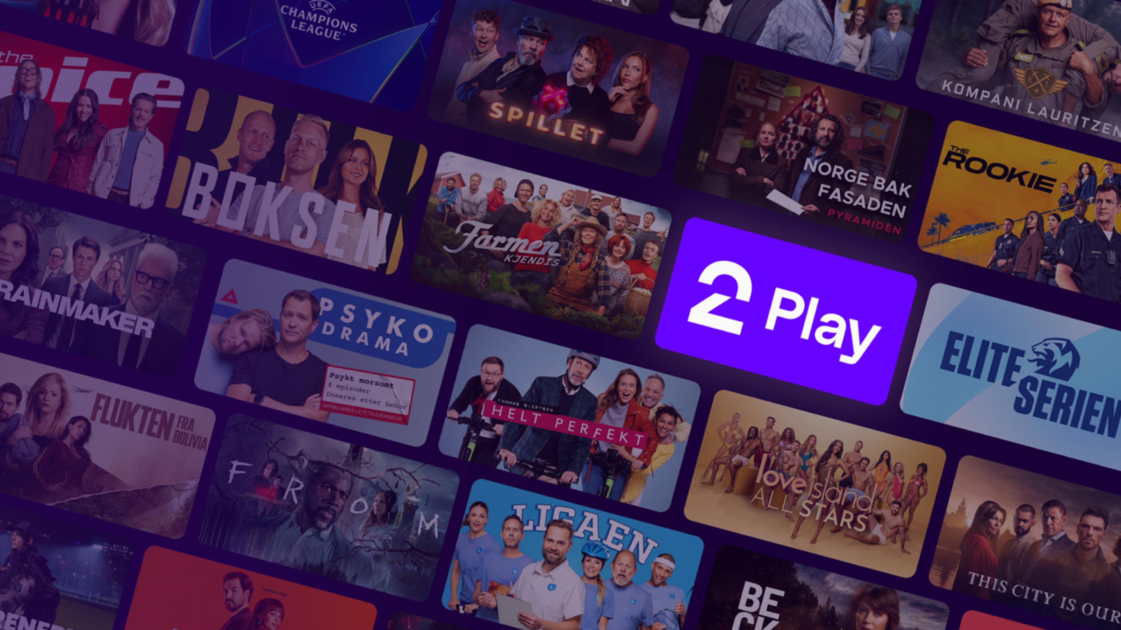 TV 2 Play collage med logo og kjente titler fra strømmetjenesten.