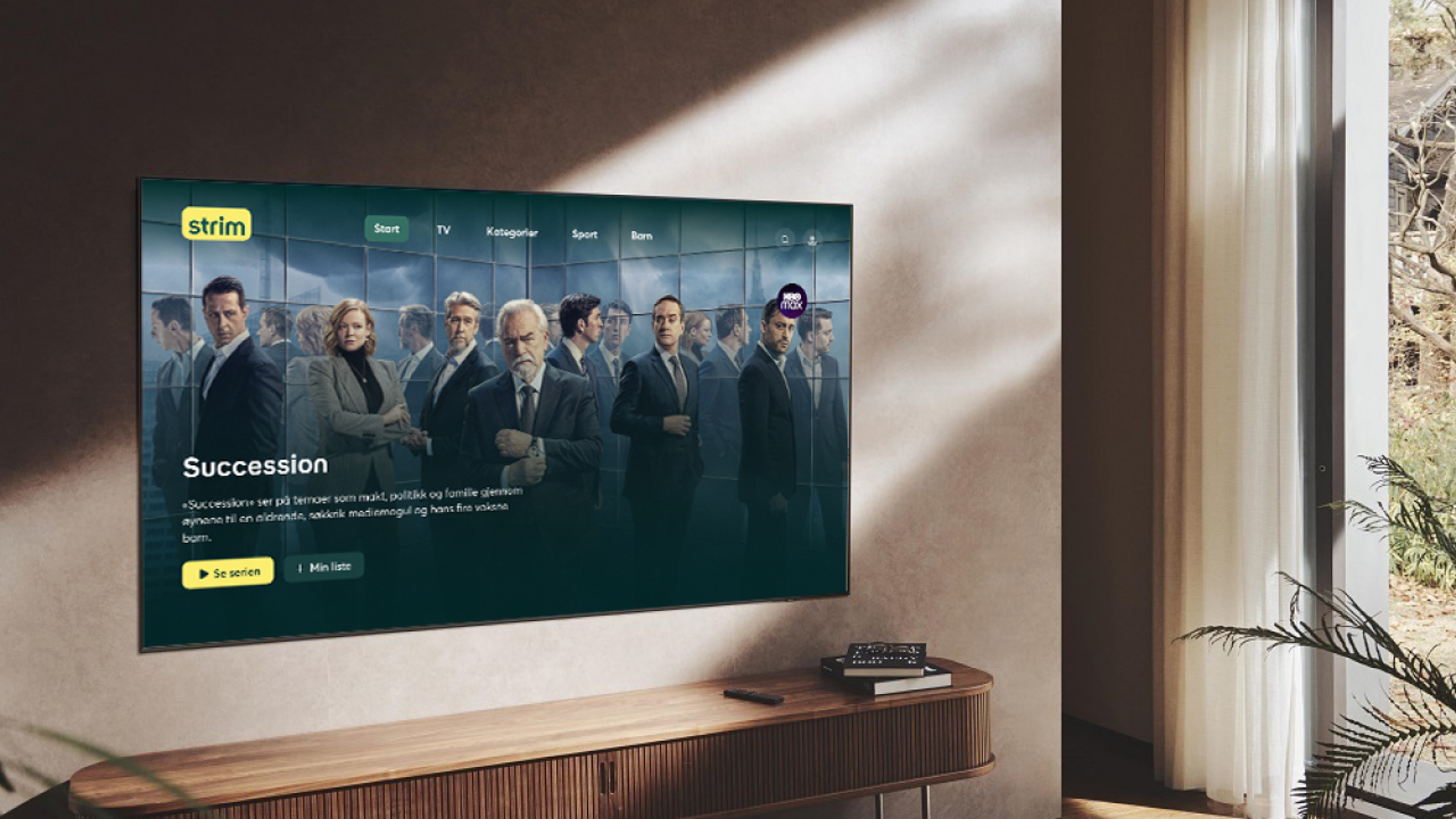 En Samsung The Frame TV henger på veggen. TV-en viser bilde av serien Succession fra HBO Max.