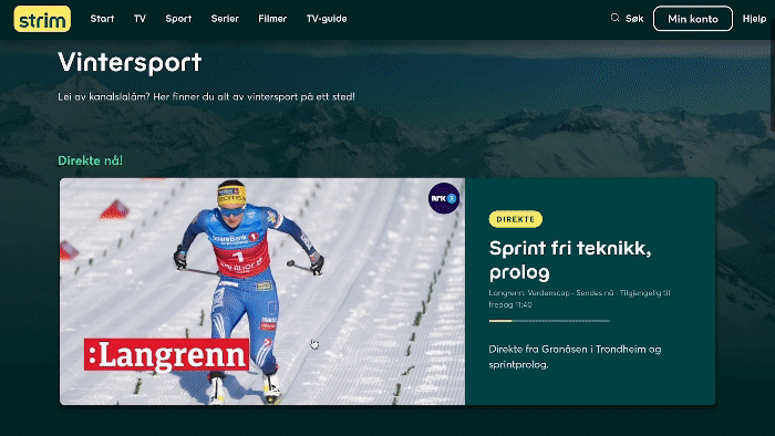 Scrolling i Strim-appen som viser mengden av vintersport fra ulike leverandører som NRK, TV 2 og Viaplay.