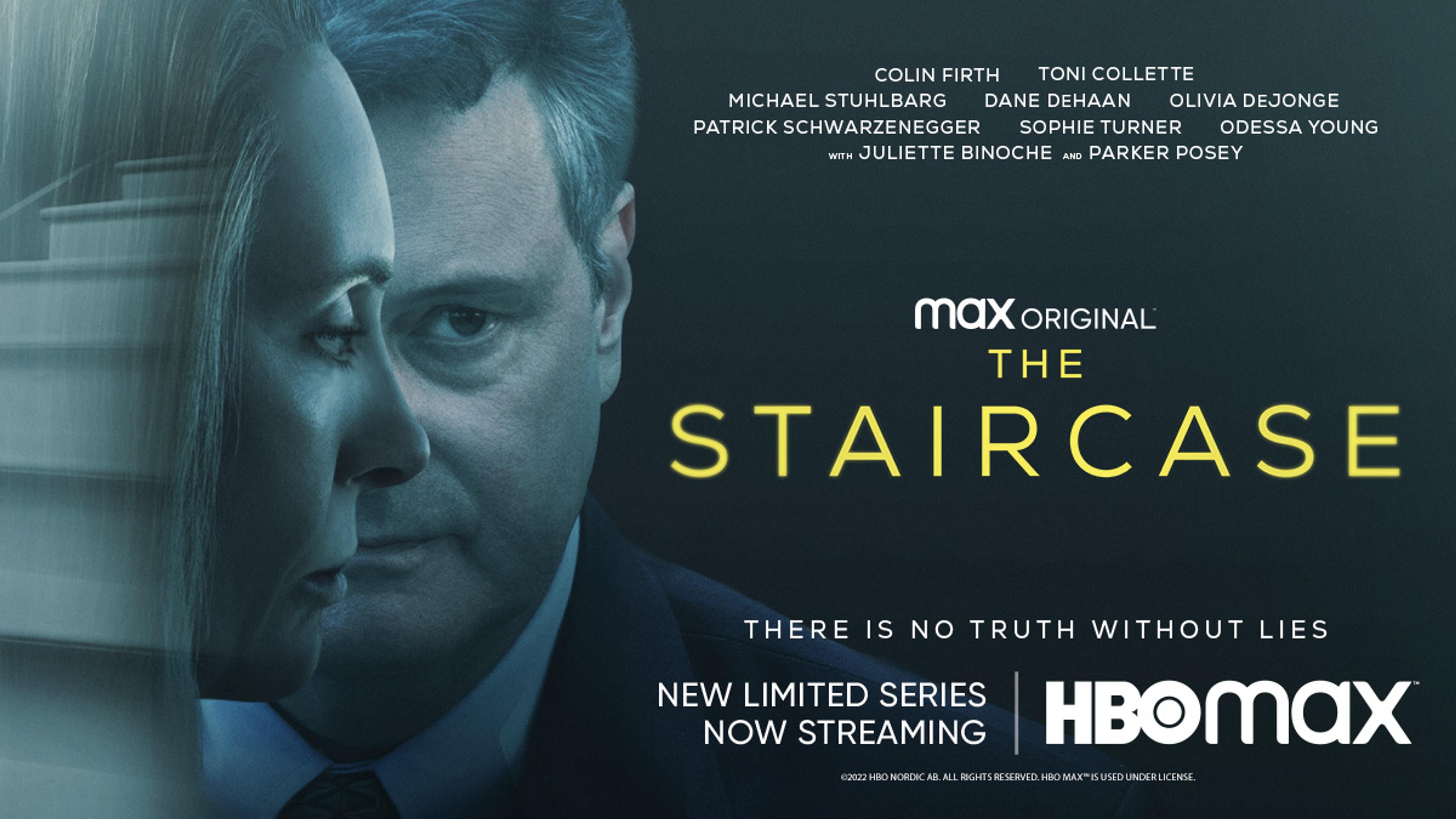The Staircase på HBO Max via Strim. Portrett av Colin Firth og Toni Collette med gjenskinnet av en trapp i Toni´s hår.