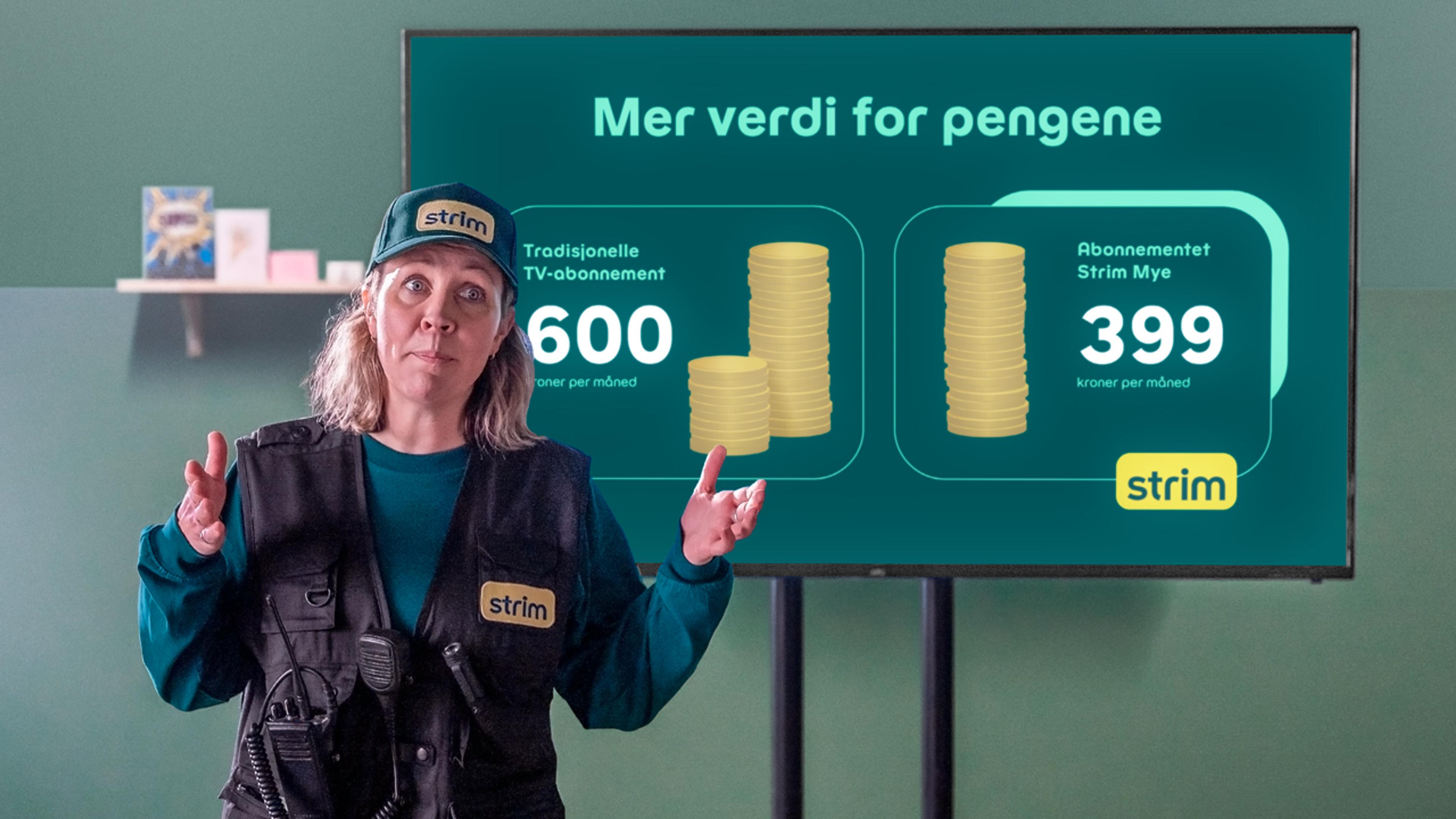 Kvinne står foran skjerm med diagrammer som viser at du kan spare 200 kroner i måneded ved å bytte til Strim.