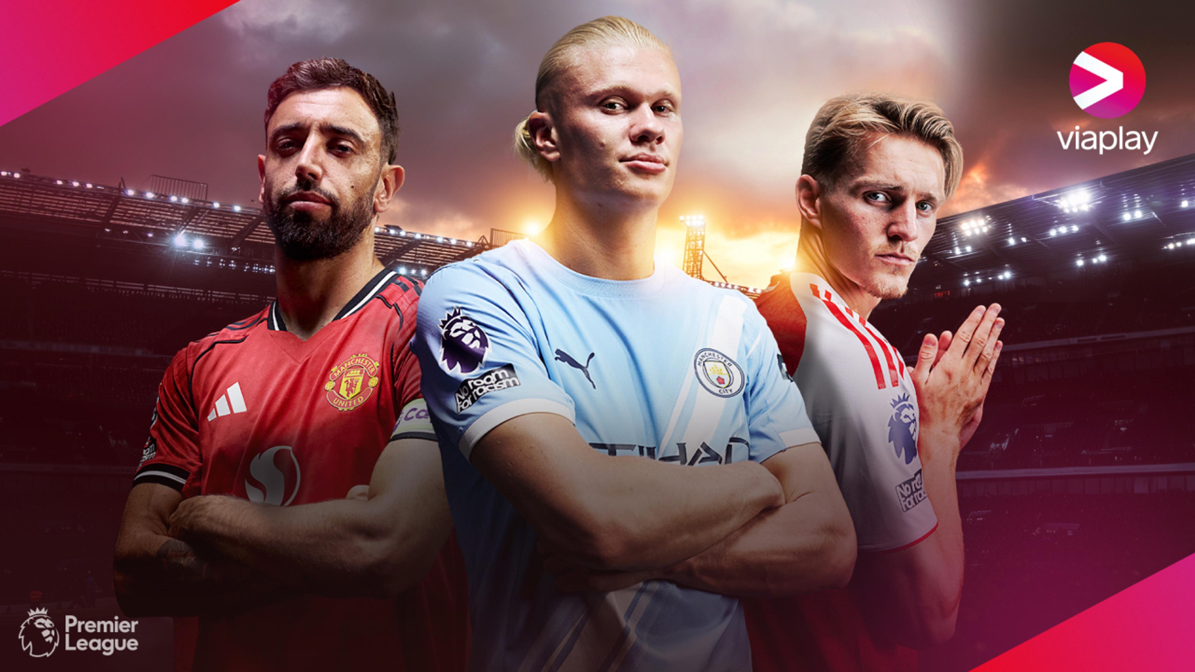Bilde av Haaland, Ødegaard og Salah i representative lagsdrakter for Premier League 25/26-sesongen.