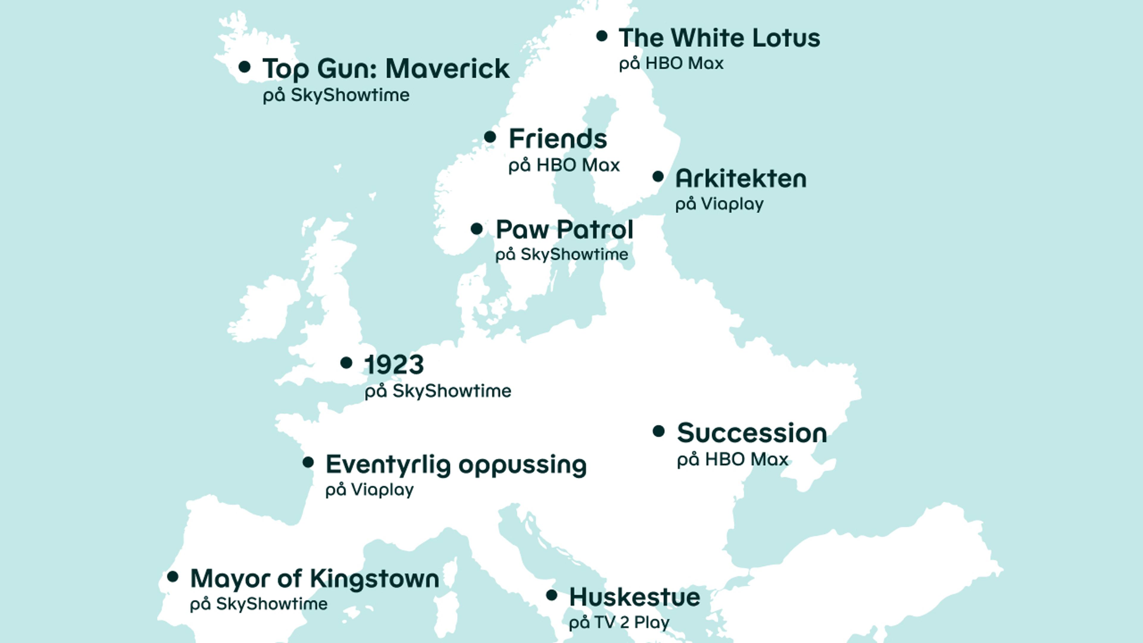 Kart over Europa med identifiserte land, men med film- og serienavn i steden for landsnavnet.