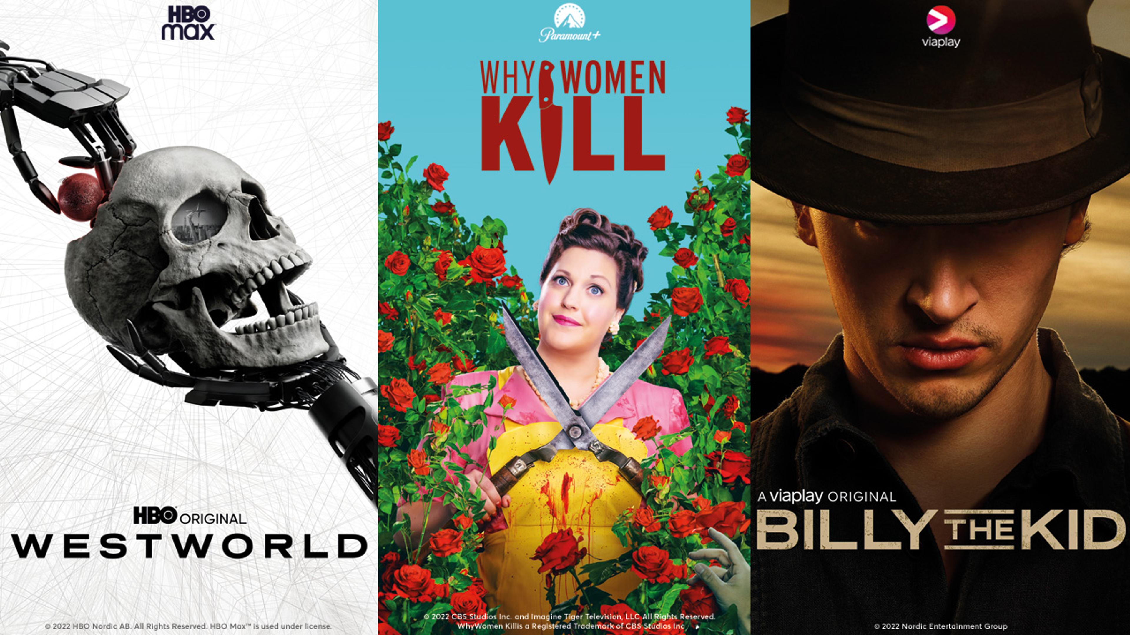 Bilde fra Westworld fra HBO Max, Why Women Kill fra Paramount+ og Billy The Kid fra Viaplay.