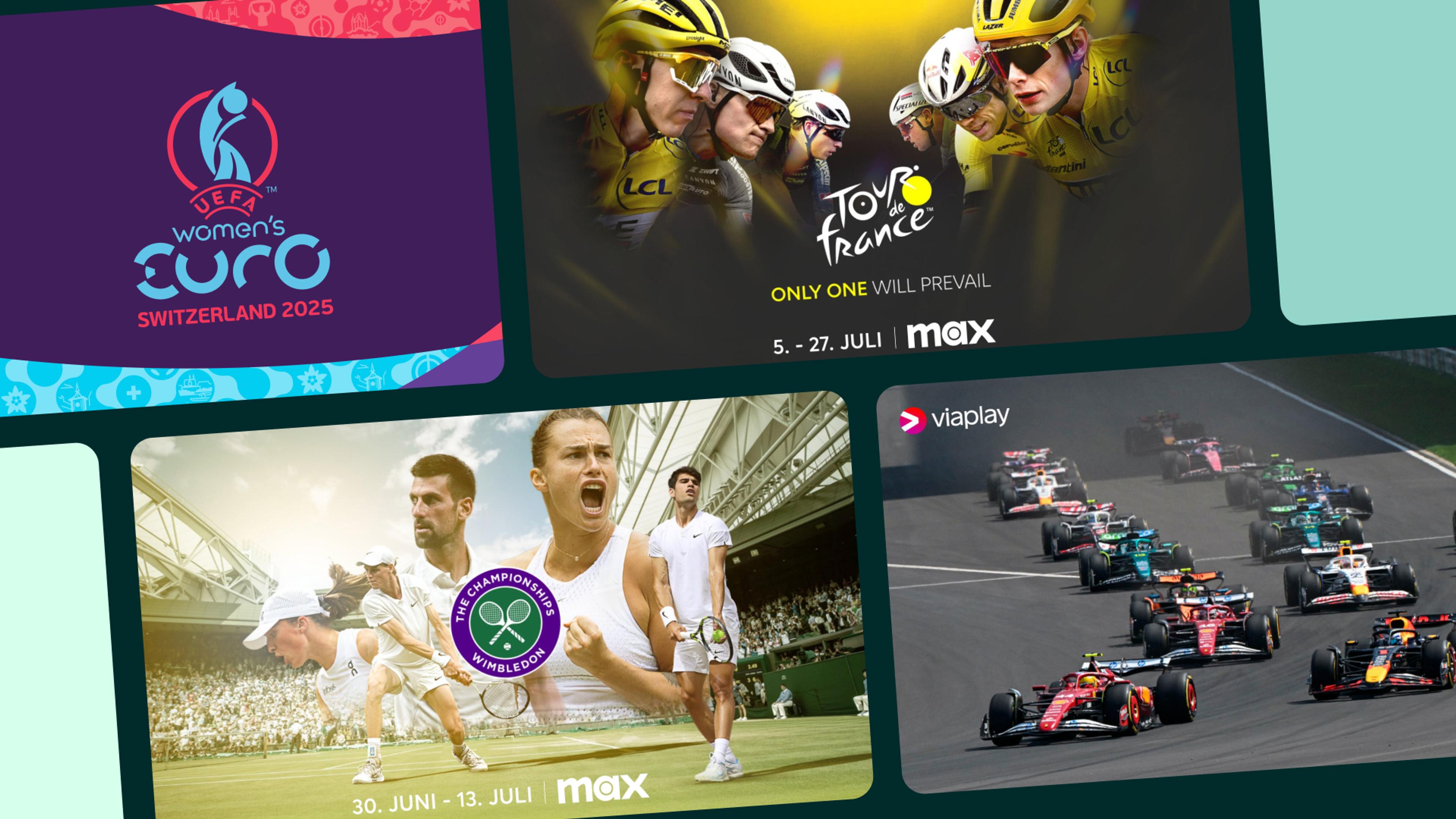 Collage av ulike store sportshendelser som skjer på TV i løpet av sommeren 2025 som Grand Slam, Formel 1 og fotball.