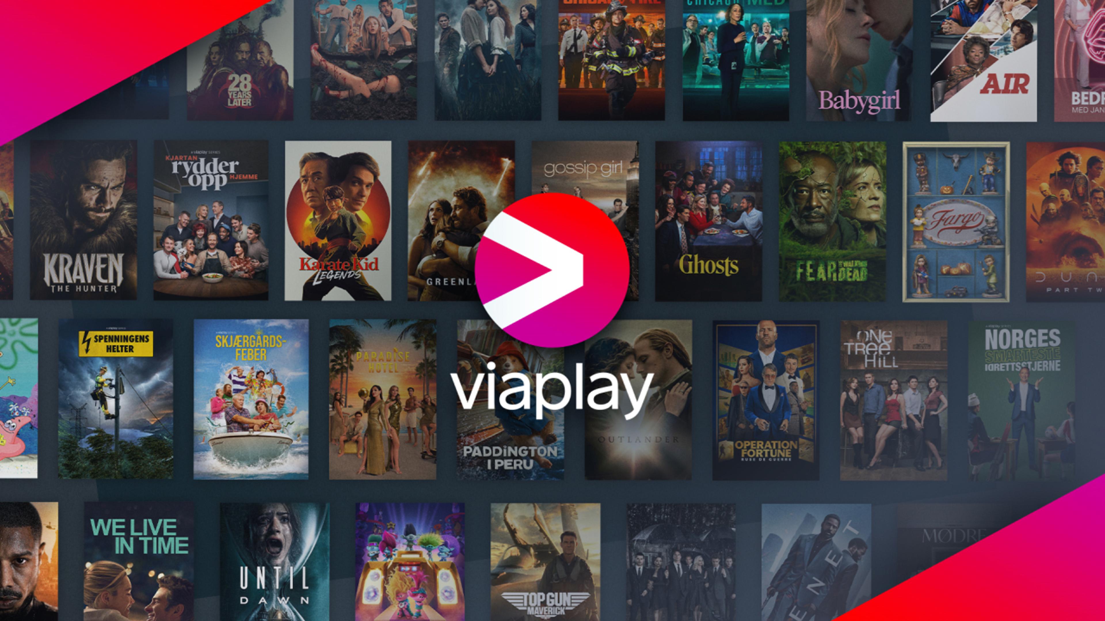 Viaplay collage med logo og kjente titler fra strømmetjenesten.