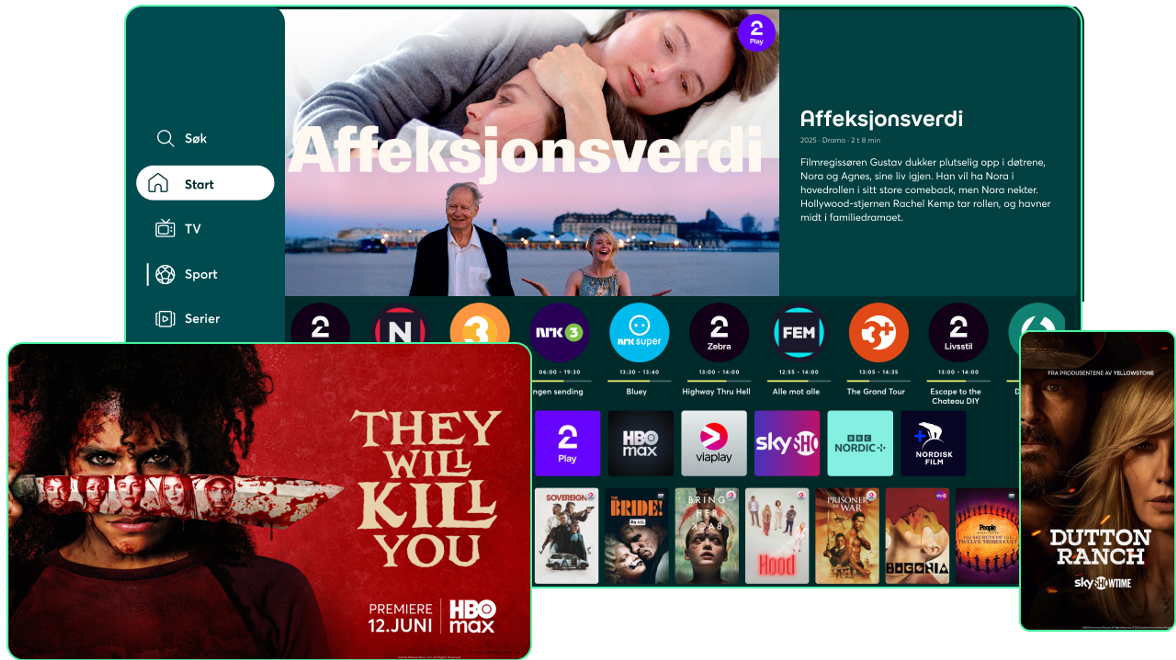 Illustrasjon av ulike skjermer som viser innholdet til Strim på skjermene.