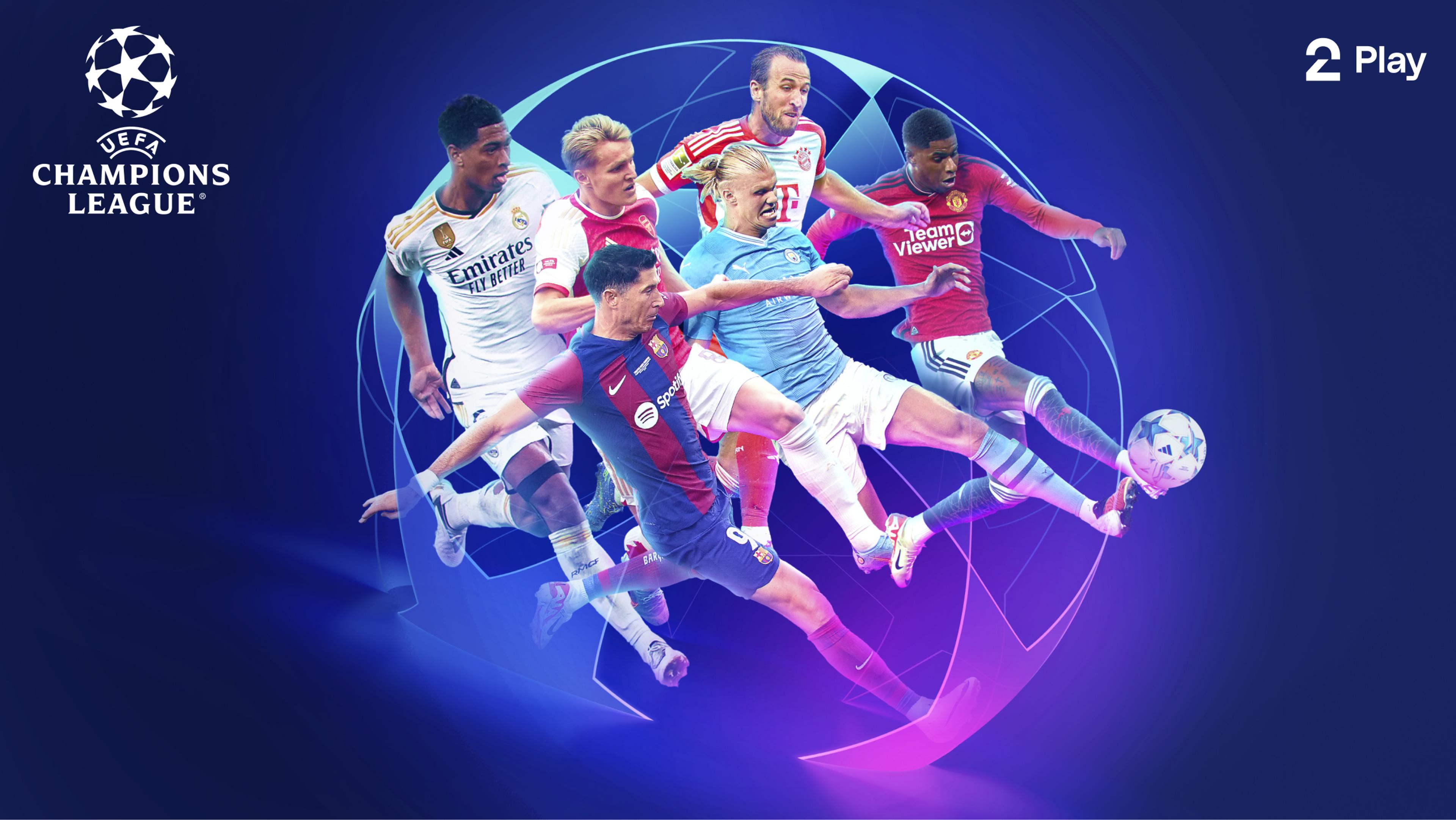 Seks fotballspillere – Jude Bellingham, Martin Ødegaard, Robert Lewandowski, Erling Braut Haaland, Harry Kane, Marcus Rashford – kjemper om ballen med Champions League-logo på lilla bakgrunn.