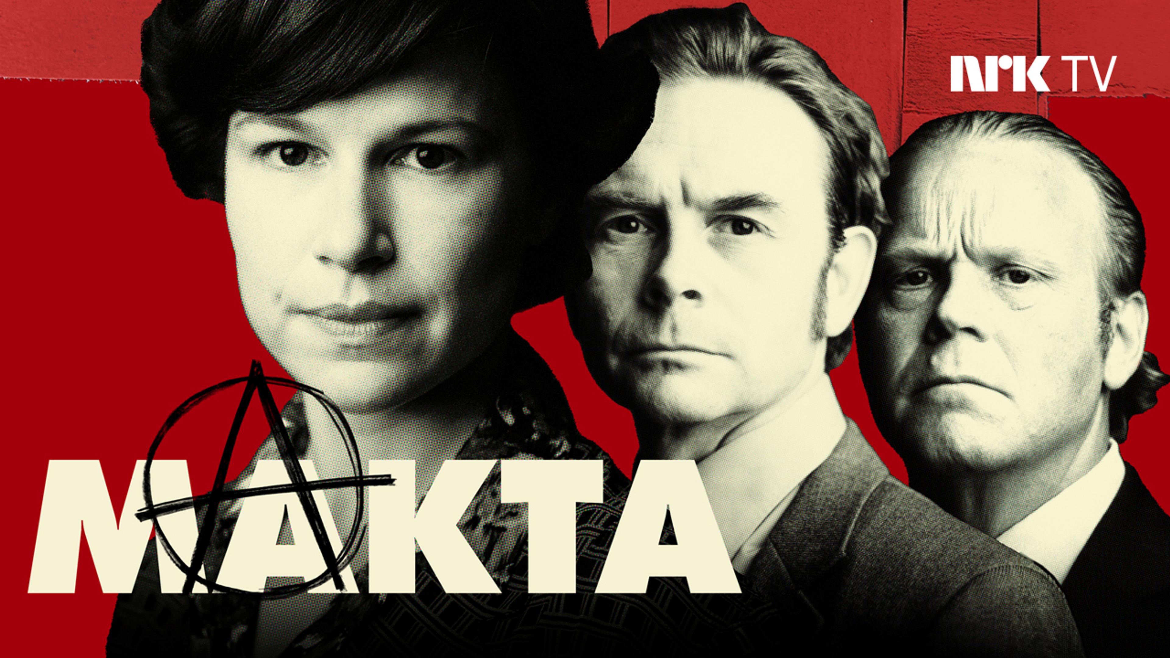 En kvinne og to menn i grått-hvitt ser fremover med rød bakgrunn.