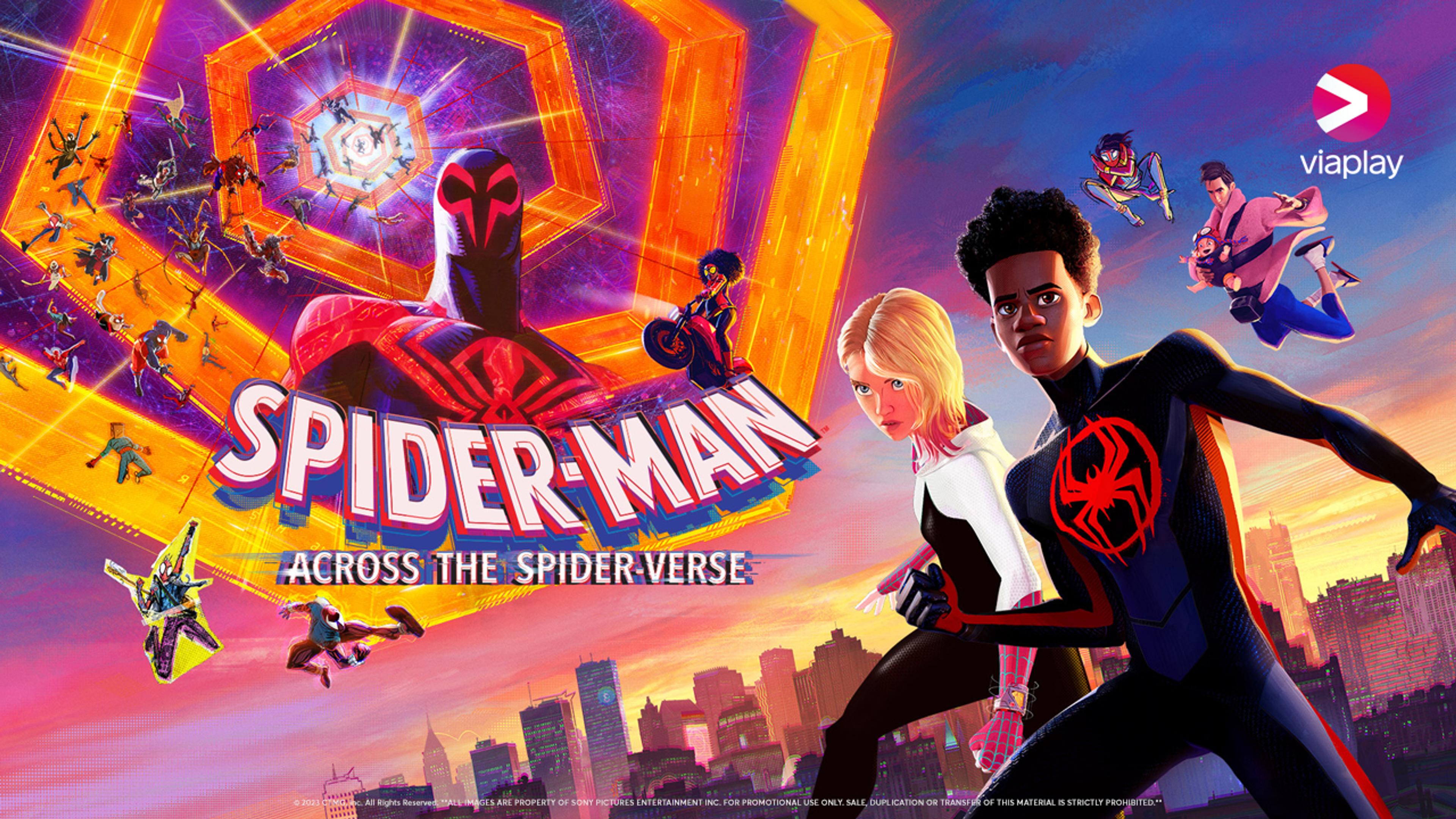 Animerte versjon av Miles Morales som Spider-man står foran andre figurer fra filmen.