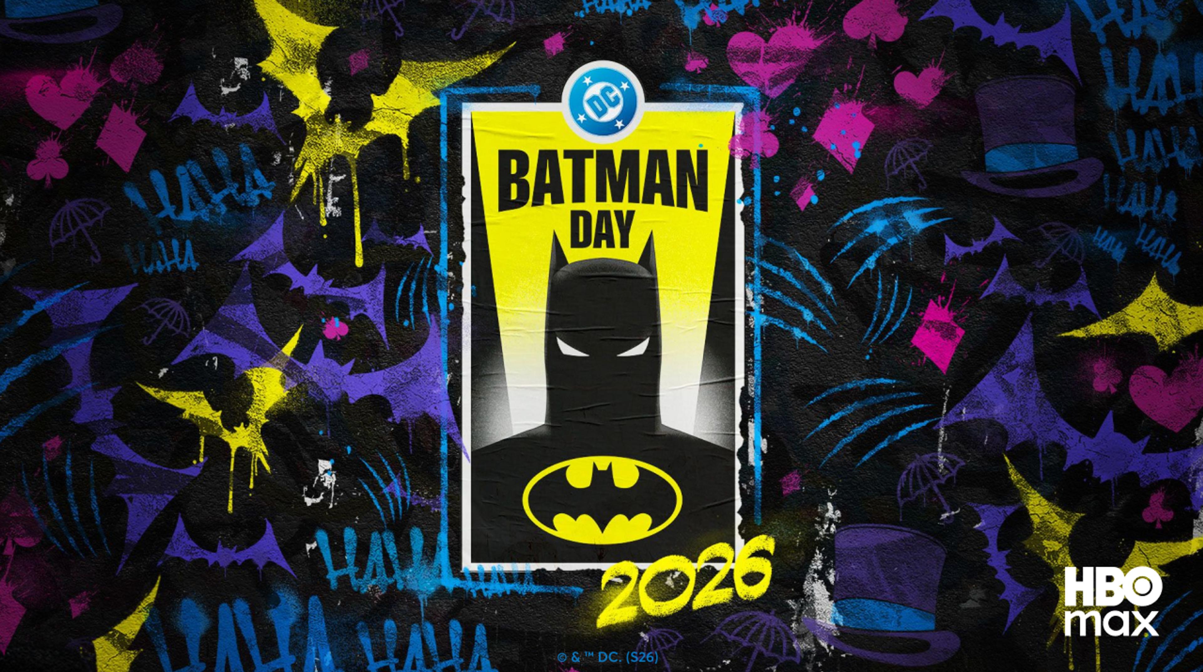 Grafikk for Batman Day som får med HBO Max med Strim.