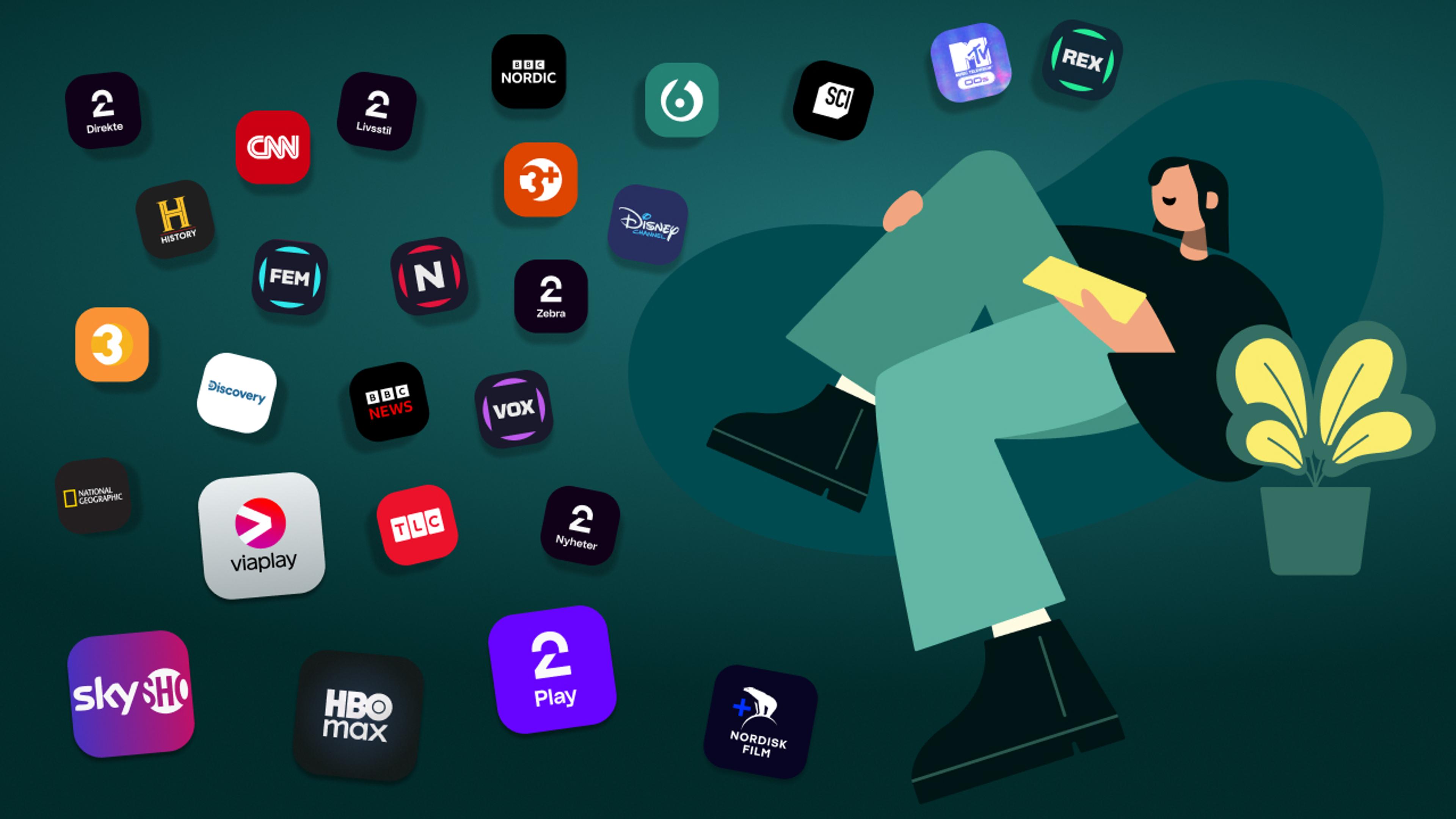 Illustrert dame som sitter i sofaen med ikoner av TV-logoer og strømmetjenester.