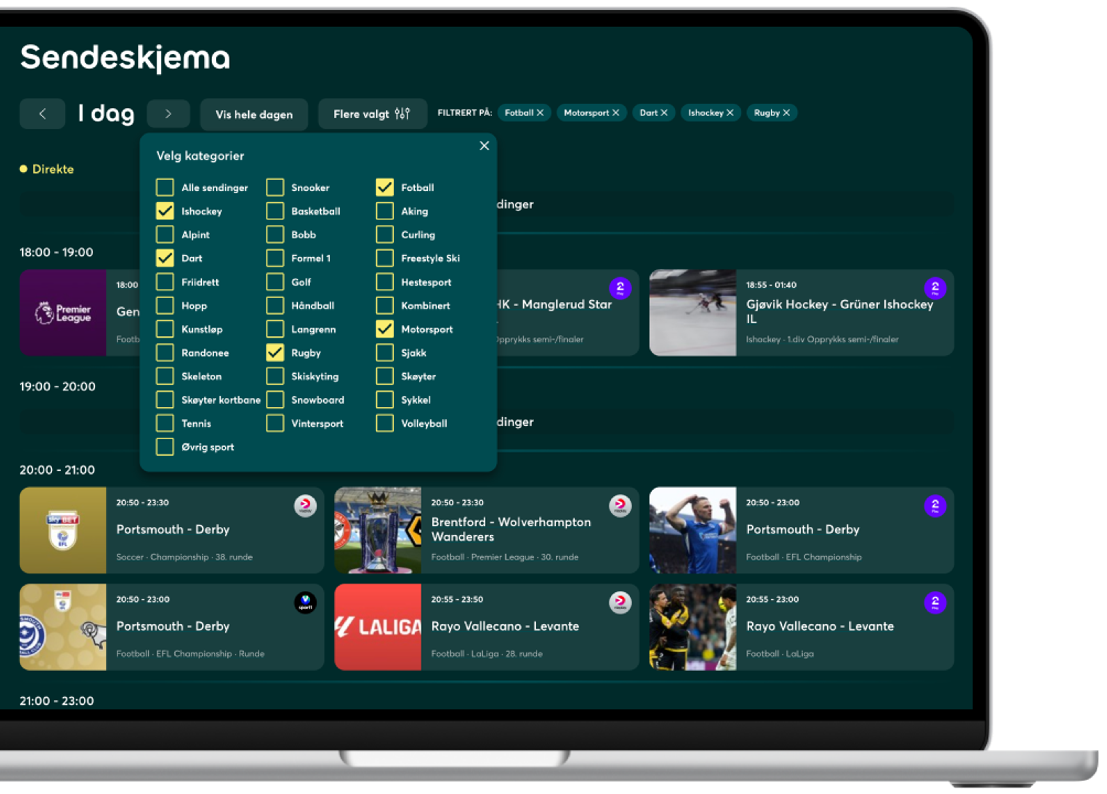 En laptop med eksempel på sendeskjema for sport med Strim.