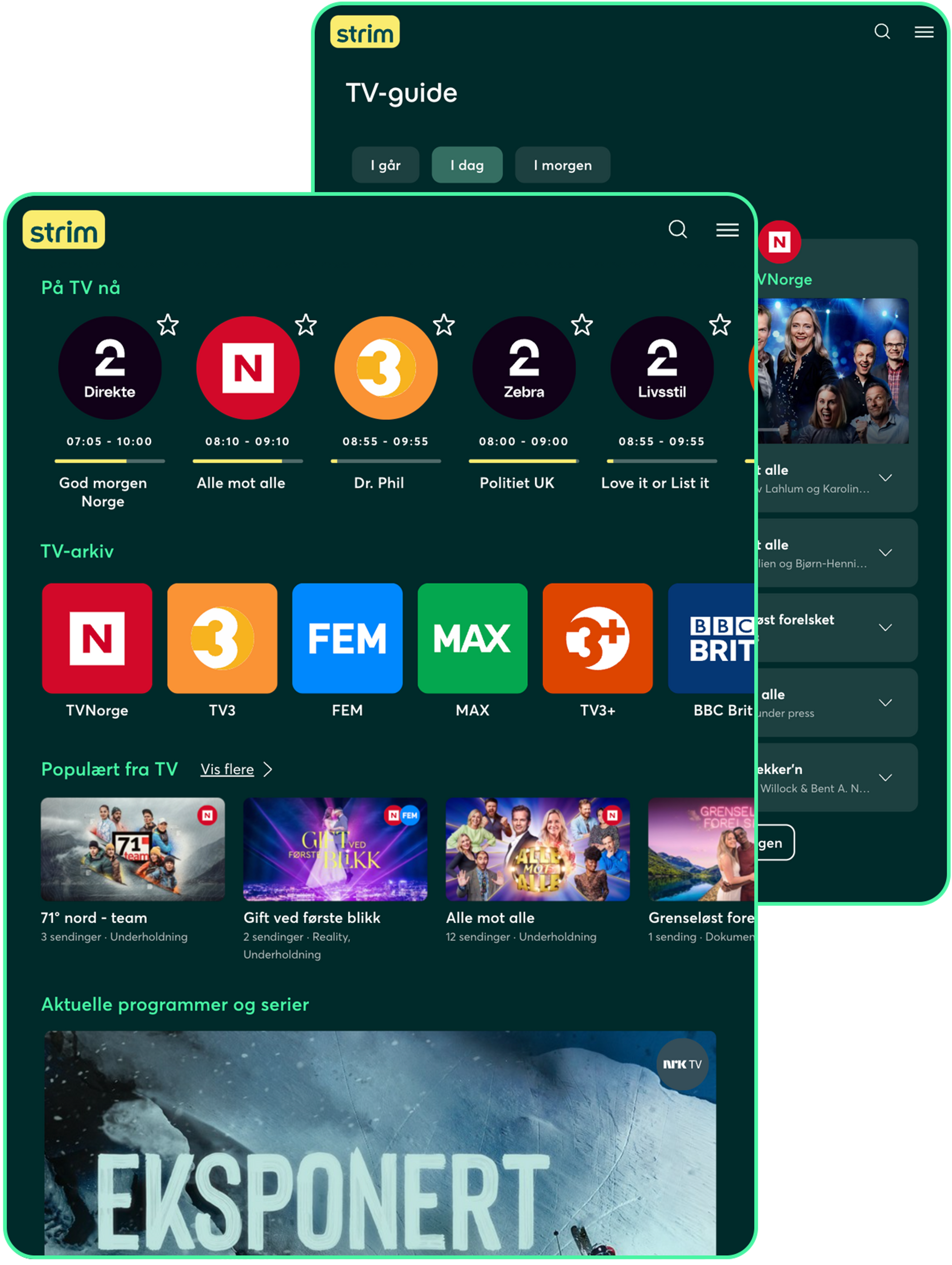 To nettbrett som viser et stort utvalg av TV-innhold i Strim-appen.