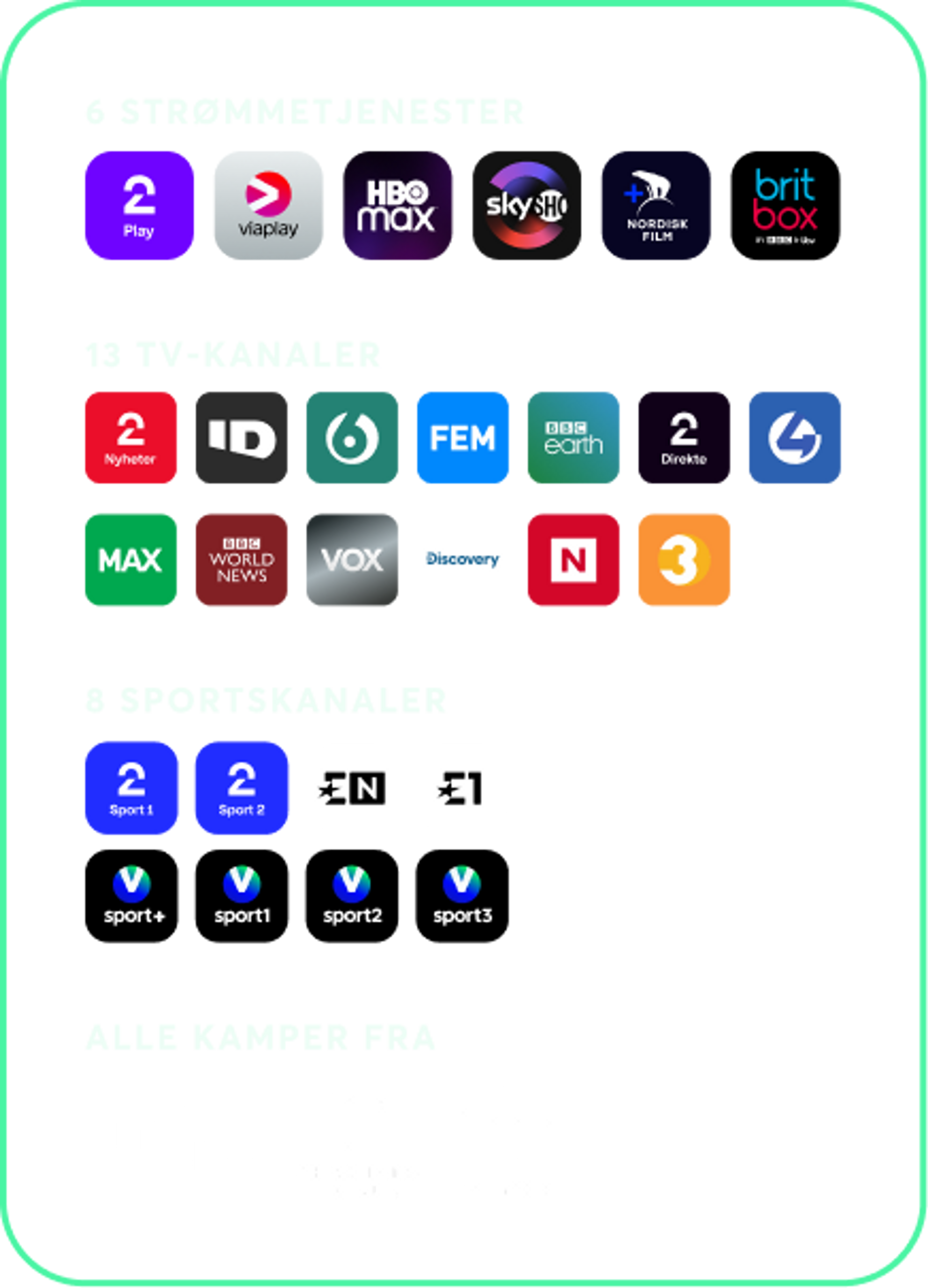 Illustrasjon med logoer for 6 strømmetjenester, 13 TV-kanaler, 8 sportskanaler, Eliteserien, UEFA Champions League og LaLiga.