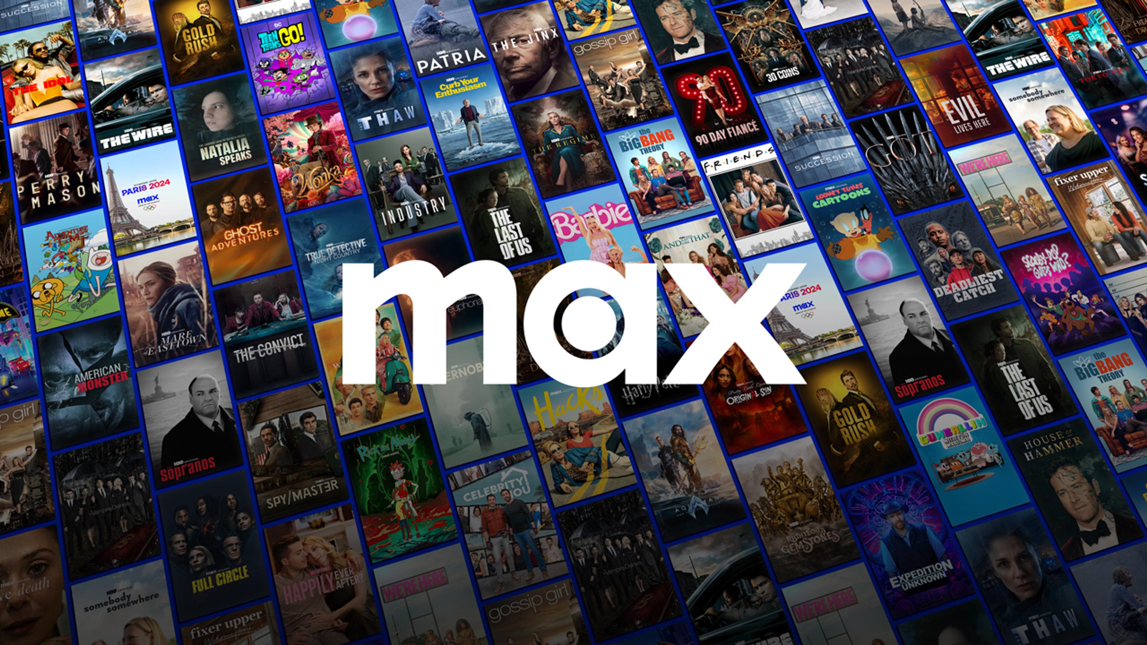 Max logo på en collage av HBO Max og Discovery innholdsbilder.