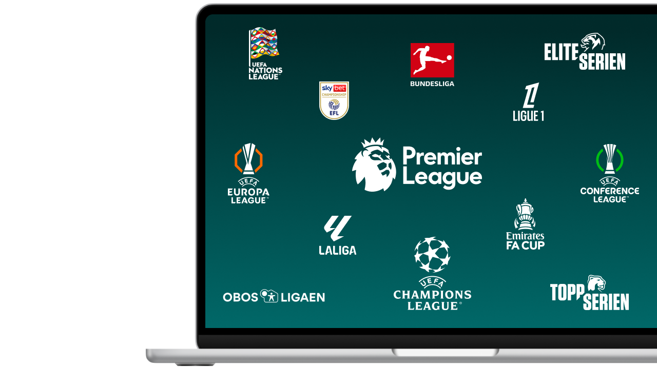 En laptop med logoer for alle fotballigaene du får med Strims sportstillegg.