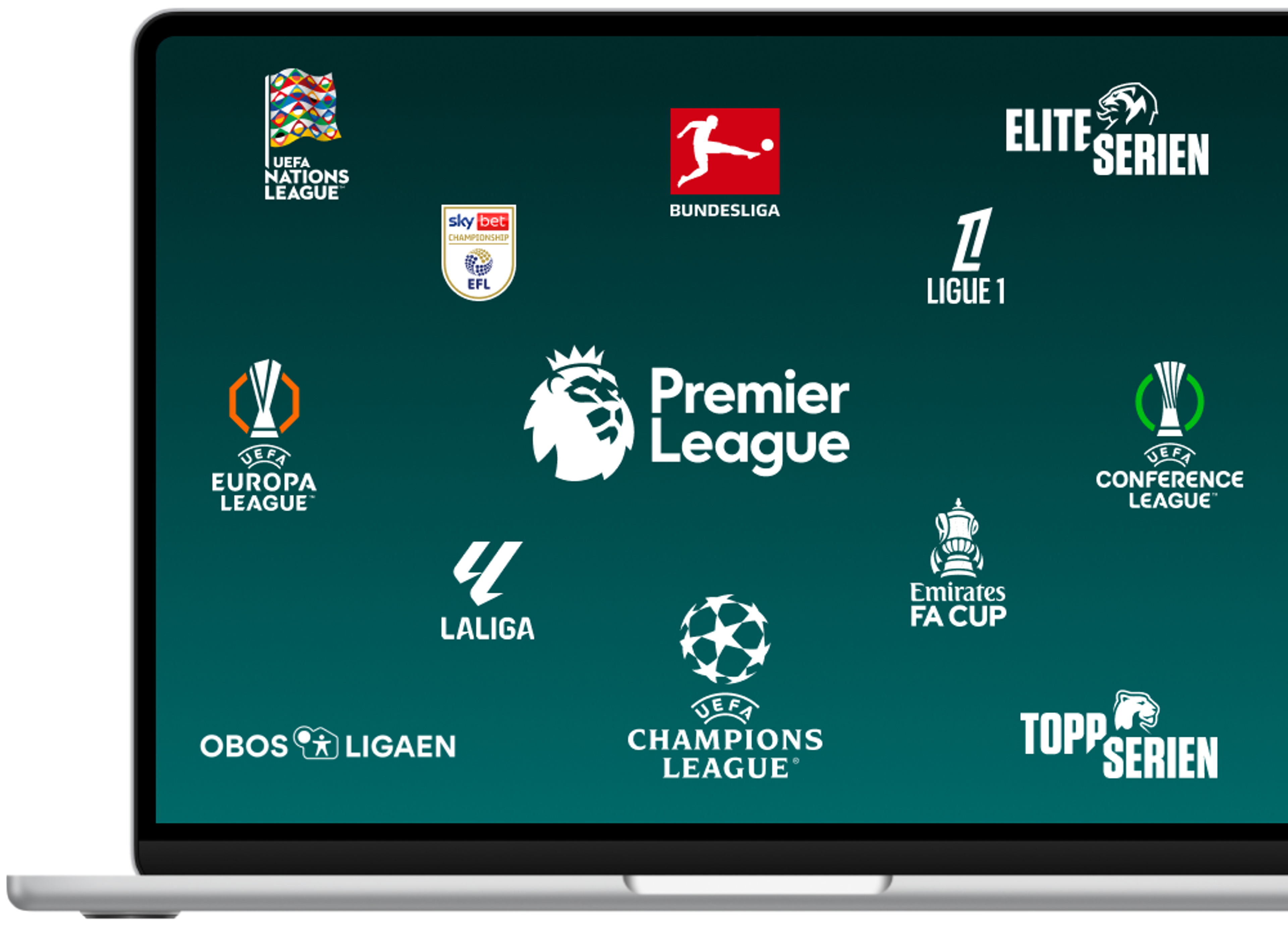 En laptop med logoer for alle fotballigaene du får med Strims sportstillegg.